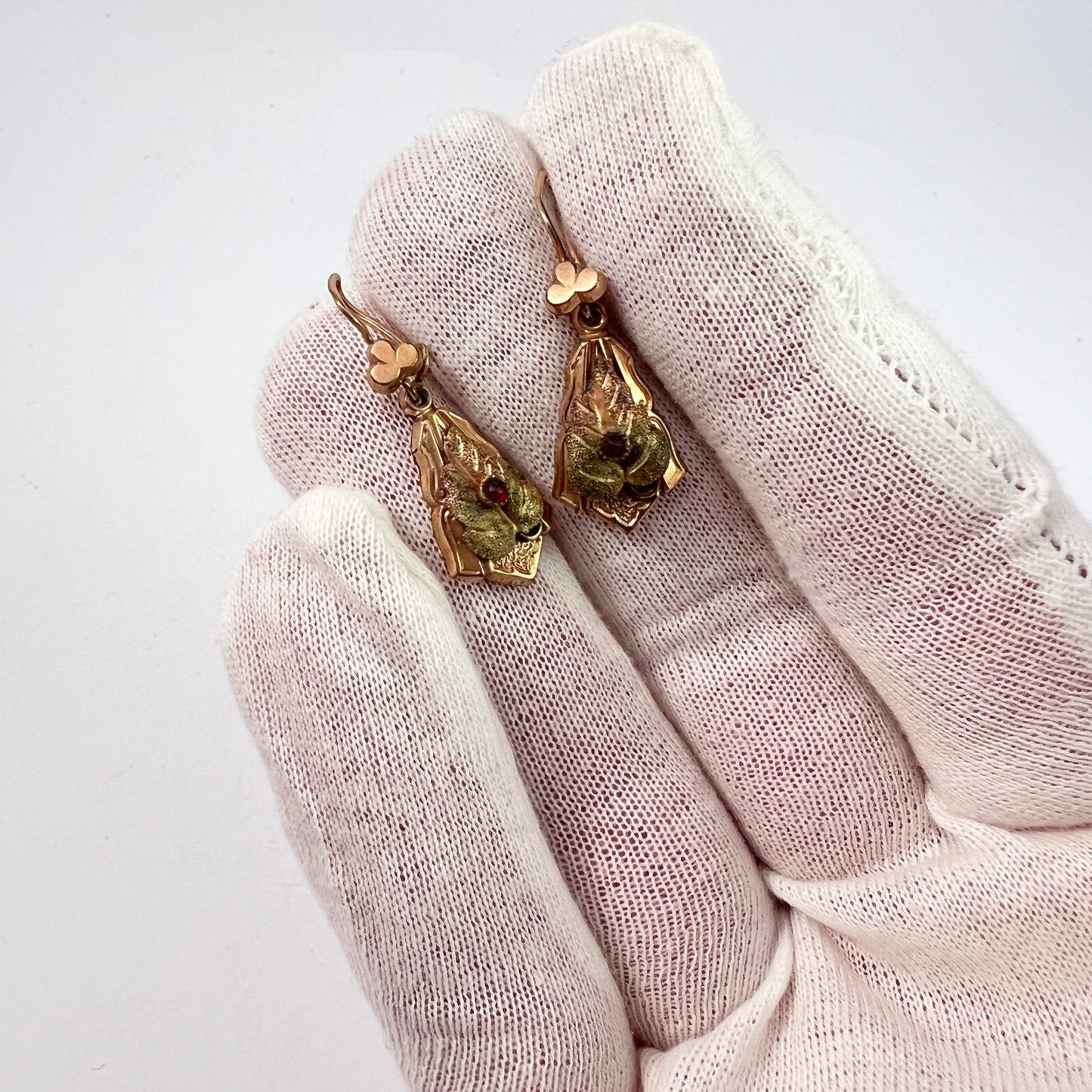 Antique Victorian Garnet Bicolor Gilt Metal Puffy Earrings. Prob. France.