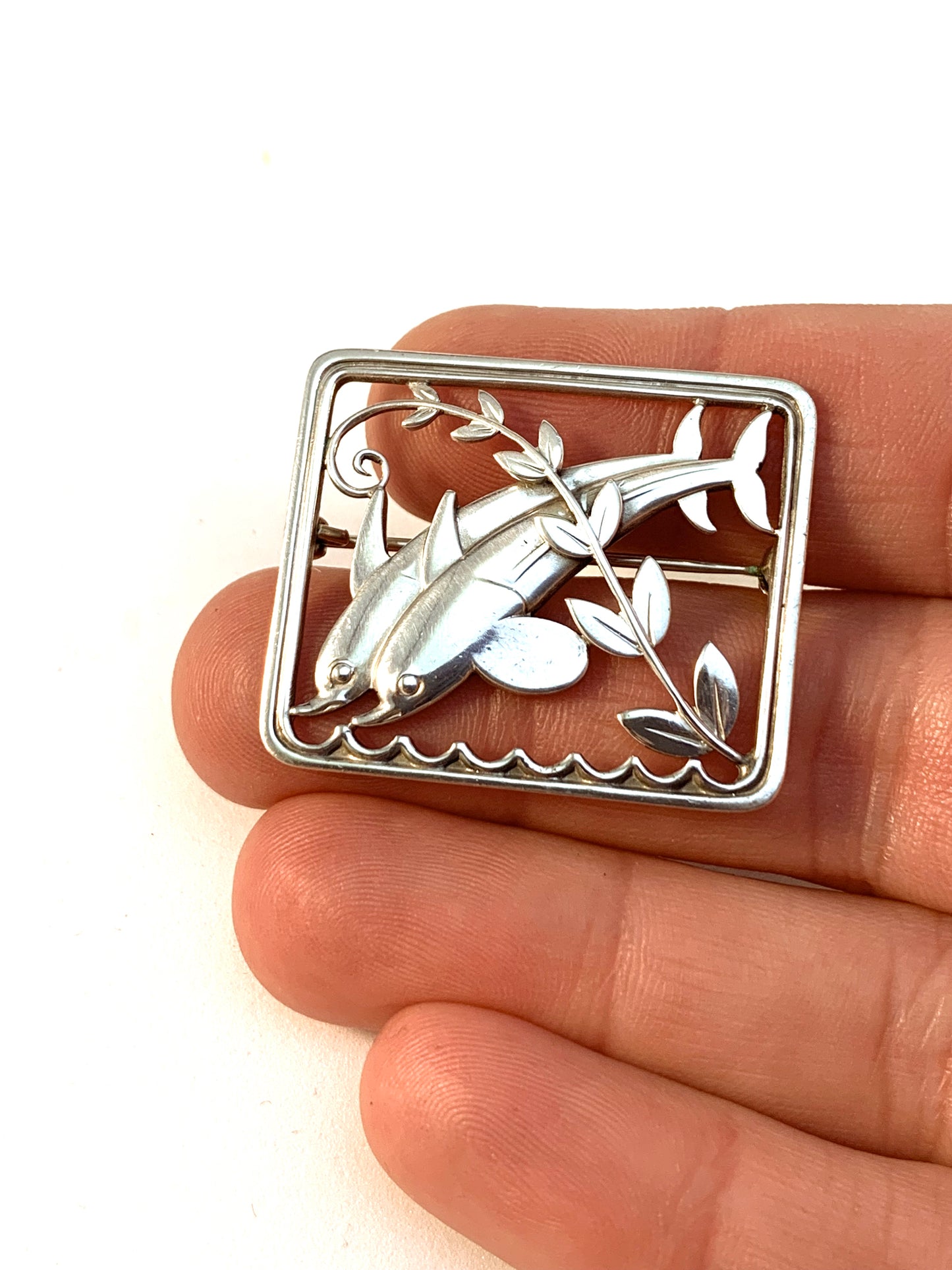 Georg Jensen, Arno Malinowski Denmark year 1945-51 Sterling Dolphins Design no 251 Brooch.