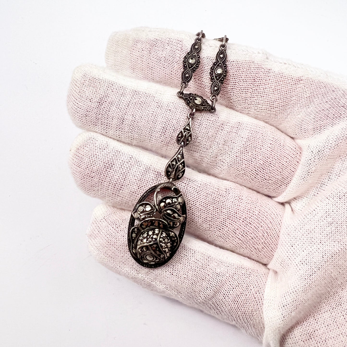 Germany/Austria 1920-30s Sterling 935 Silver Marcasite Pendant Necklace