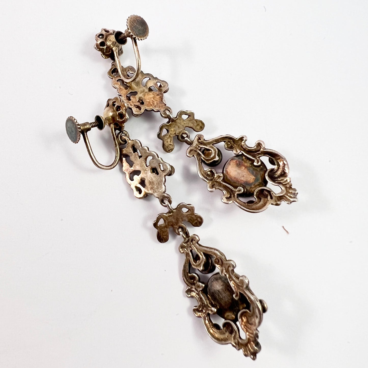 Austro Hungarian Antique c 1900 Solid Silver Vermeil Carnelian Large Earrings.