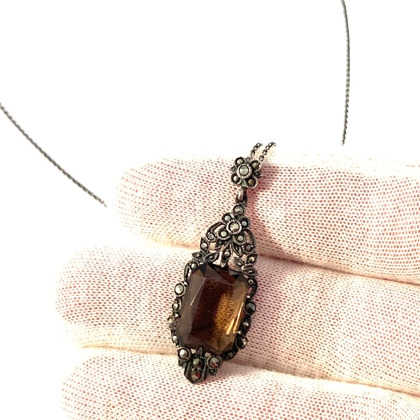 Austria / Germany c 1930-40s. Sterling 935 Silver Smoky Quartz Marcasite Pendant Necklace.