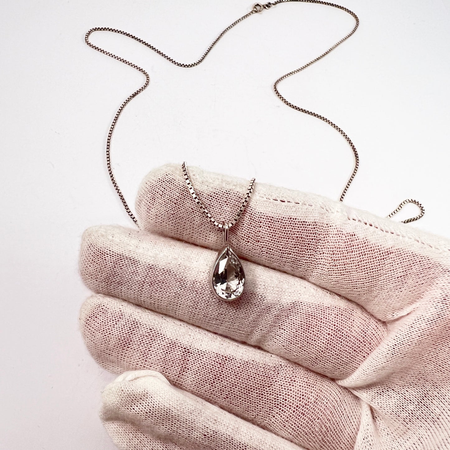 Vintage 835 Silver Quartz Pendant Long Chain Necklace.