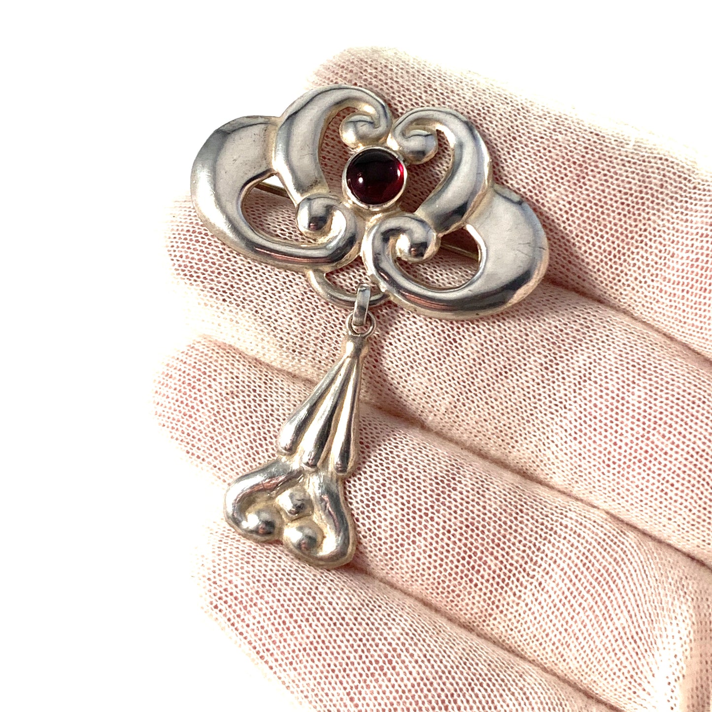 Denmark 1910s Art Nouveau Solid Silver Red Paste Brooch.