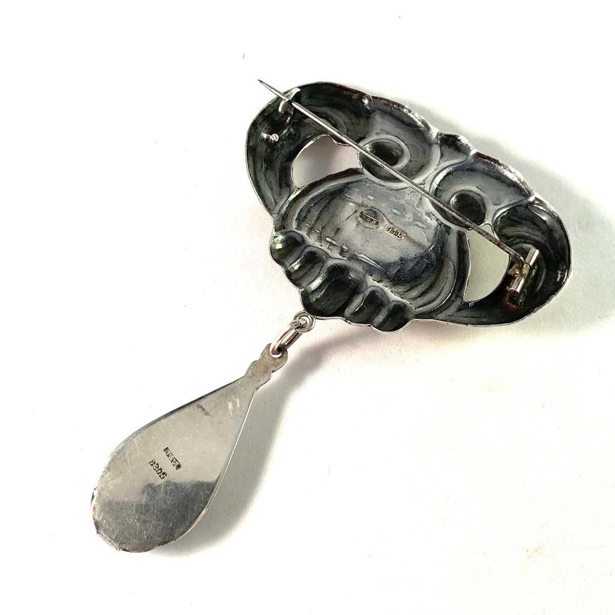 Jensen & Akerlund, Denmark 1910s Art Nouveau Skonvirke Silver Chrysoprase Large Brooch.