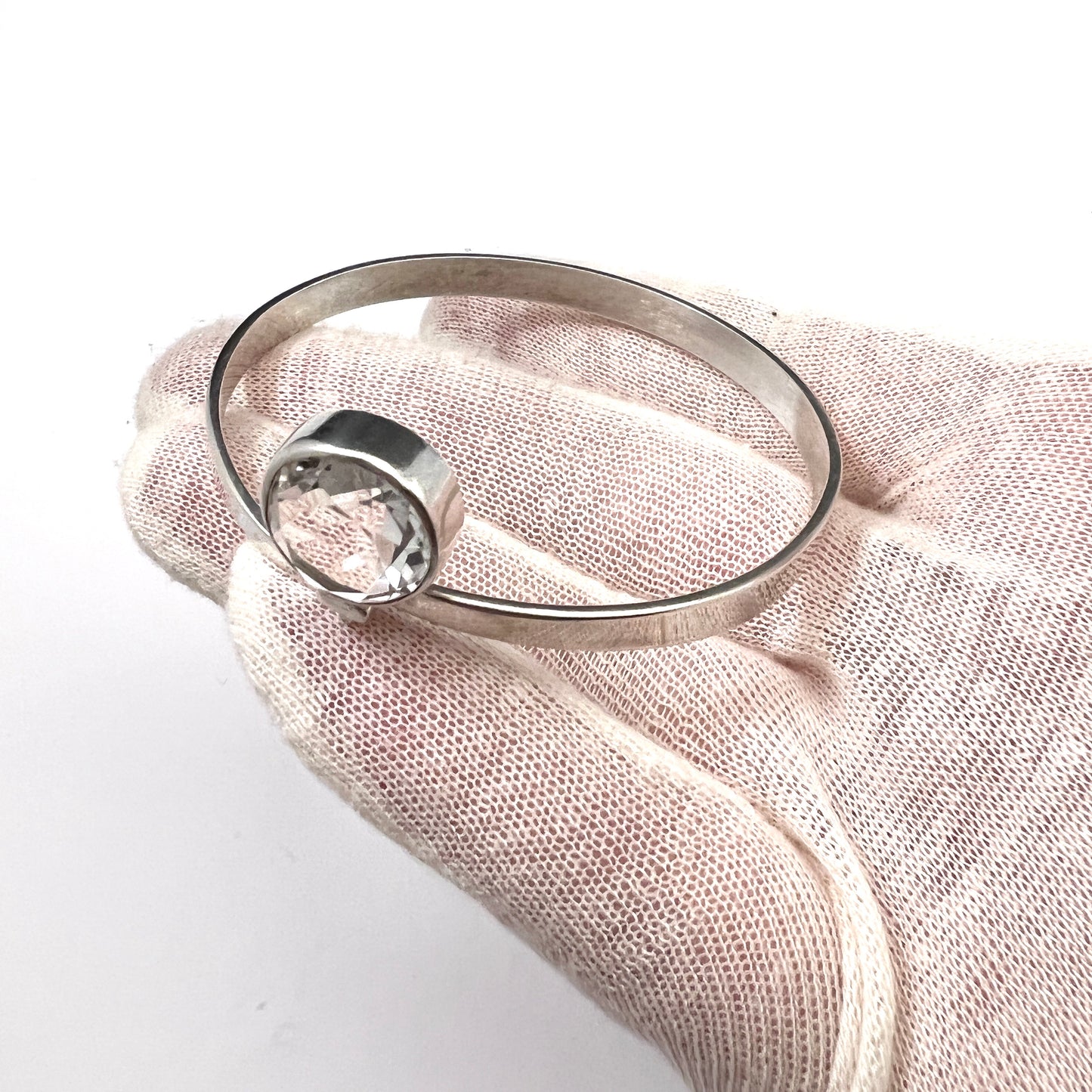 Victor Janson, Sweden 1968. Vintage Sterling Silver Rock Crystal Open/Close Bangle Bracelet.