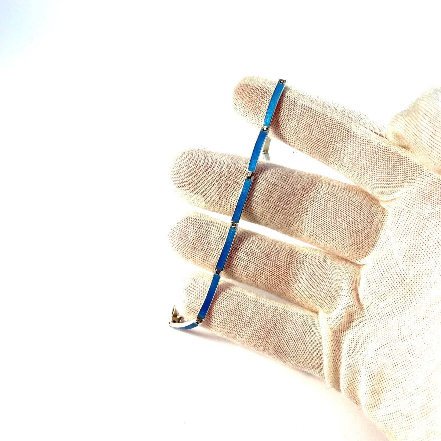 Norway Mid Century Sterling Silver Blue Enamel Link Bracelet.