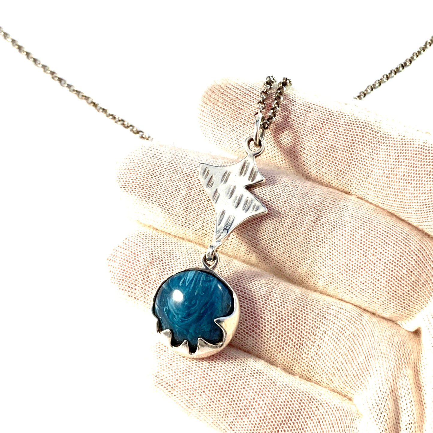 Nordström, Sweden year 1975. Vintage Sterling Silver Bergslagen-stone Pendant Long Chain Necklace.