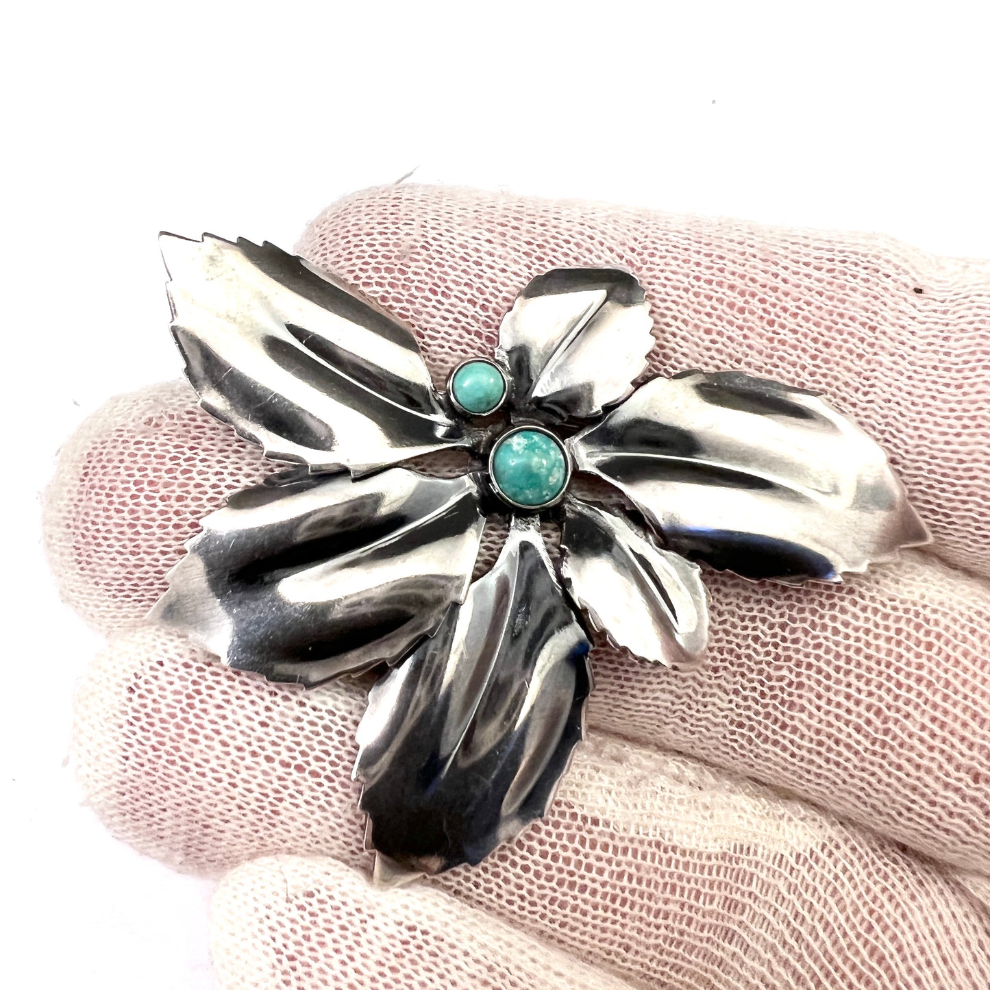 Gertrud Engel for A Michelsen Sweden year 1950. Vintage Silver Turquoise Brooch. Signed.