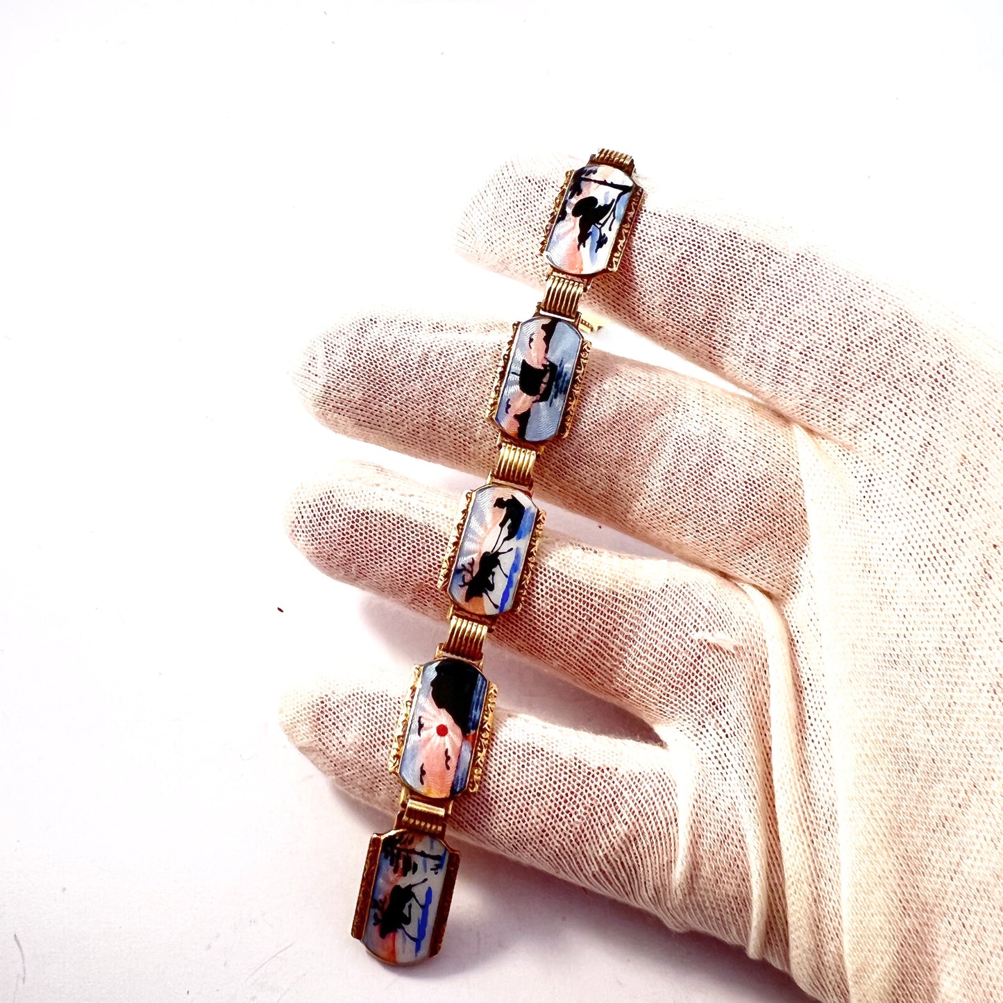 Georg J. Ruud, Norway 1923-58. Vintage Sterling Silver Viking Elk Reindeer Enamel Bracelet