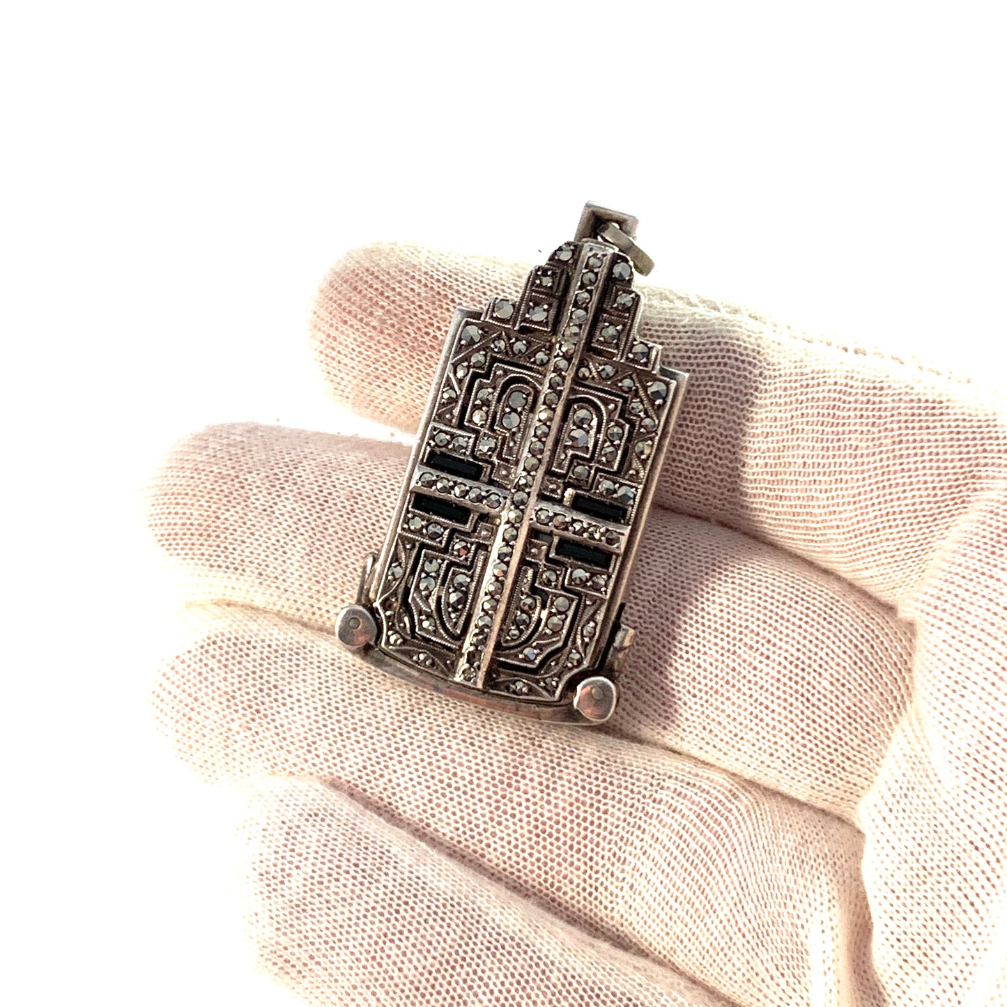 Art Deco Silver Marcasite Onyx Metal Folding Lorgnette Magnifier Pendant.