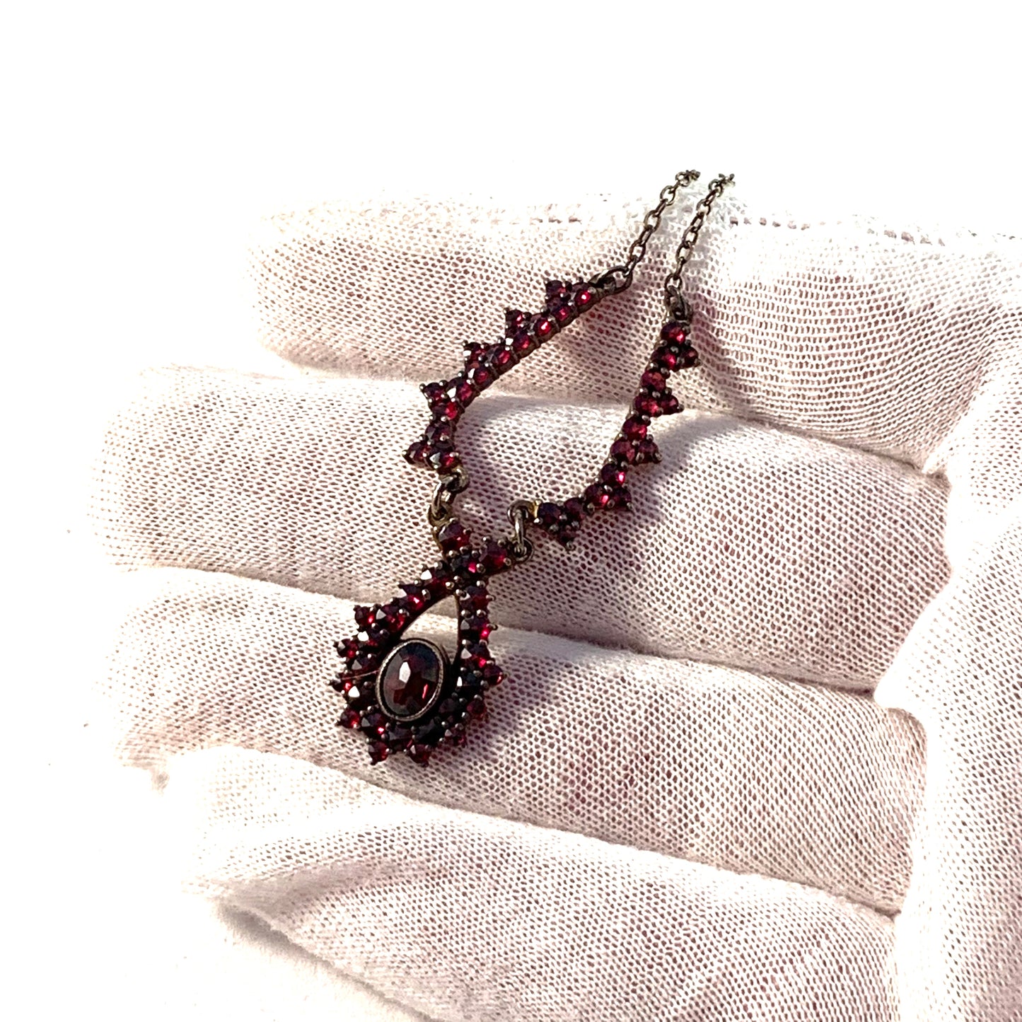 Czechoslovakia, Mid Century Solid 900 Silver Bohemian Garnet Necklace.
