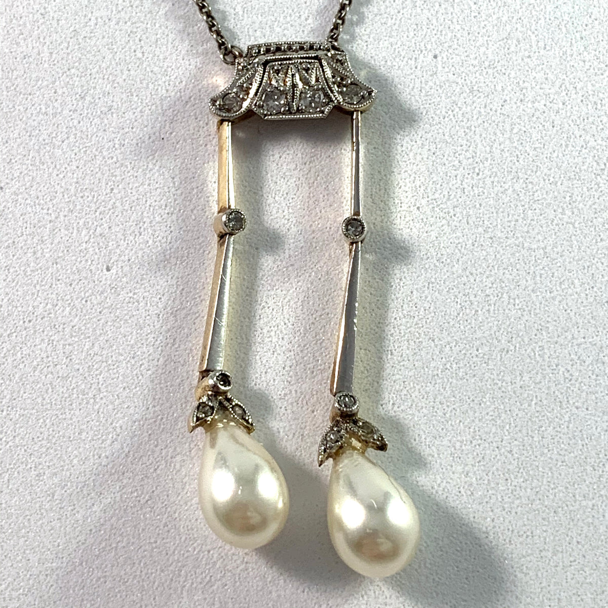 France c 1910 Platinum 14k Gold Silver Rose Cut Diamond Faux French Pearl Negligee Necklace