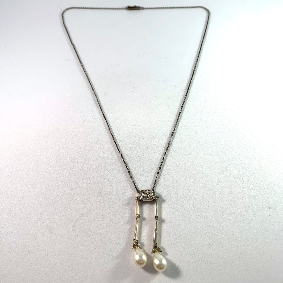 France c 1910 Platinum 14k Gold Silver Rose Cut Diamond Faux French Pearl Negligee Necklace