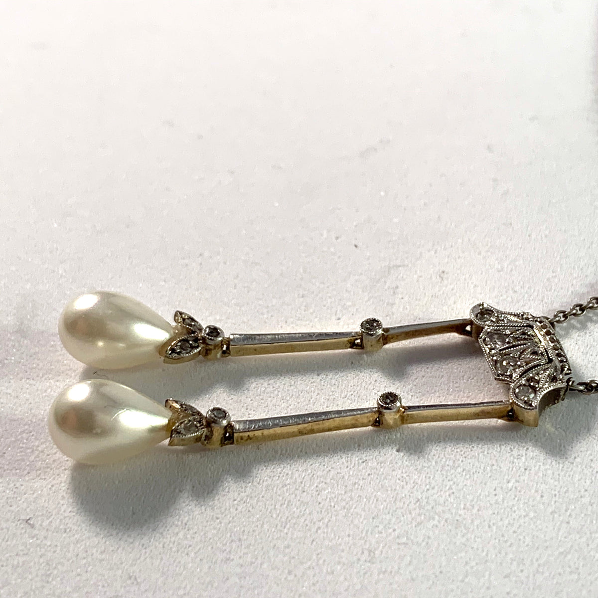 France c 1910 Platinum 14k Gold Silver Rose Cut Diamond Faux French Pearl Negligee Necklace