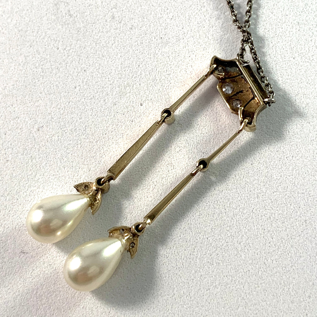 France c 1910 Platinum 14k Gold Silver Rose Cut Diamond Faux French Pearl Negligee Necklace