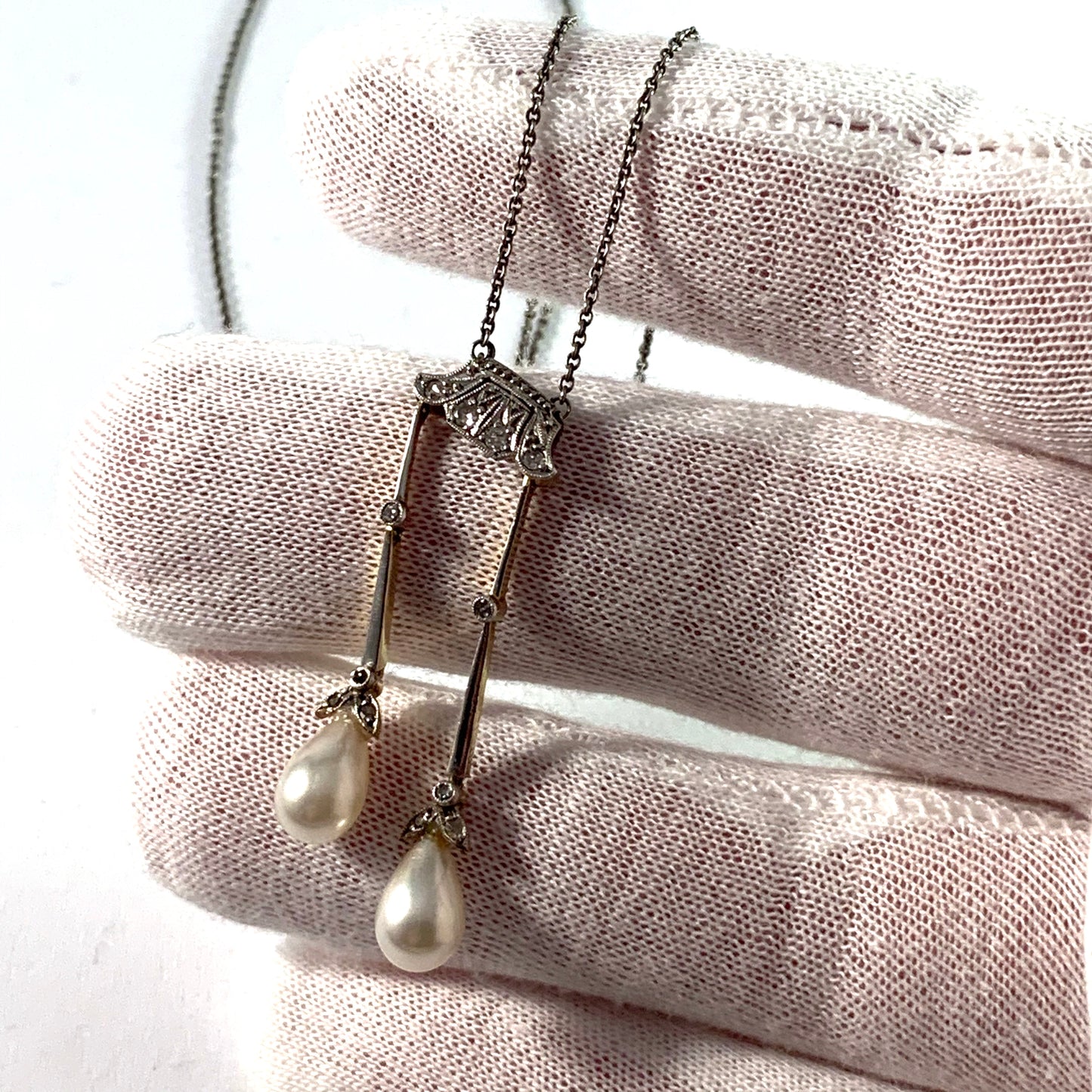 France c 1910 Platinum 14k Gold Silver Rose Cut Diamond Faux French Pearl Negligee Necklace