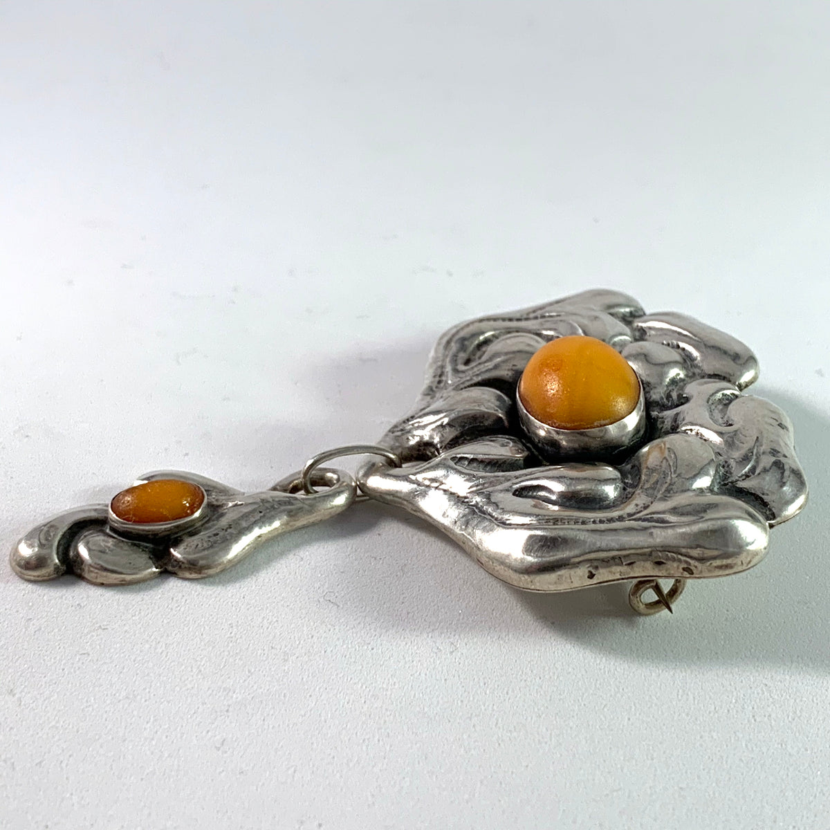 Knud Georg Jensen, Denmark c 1910s Arts and Crafts Skonvirke 826 Silver Amber Brooch.