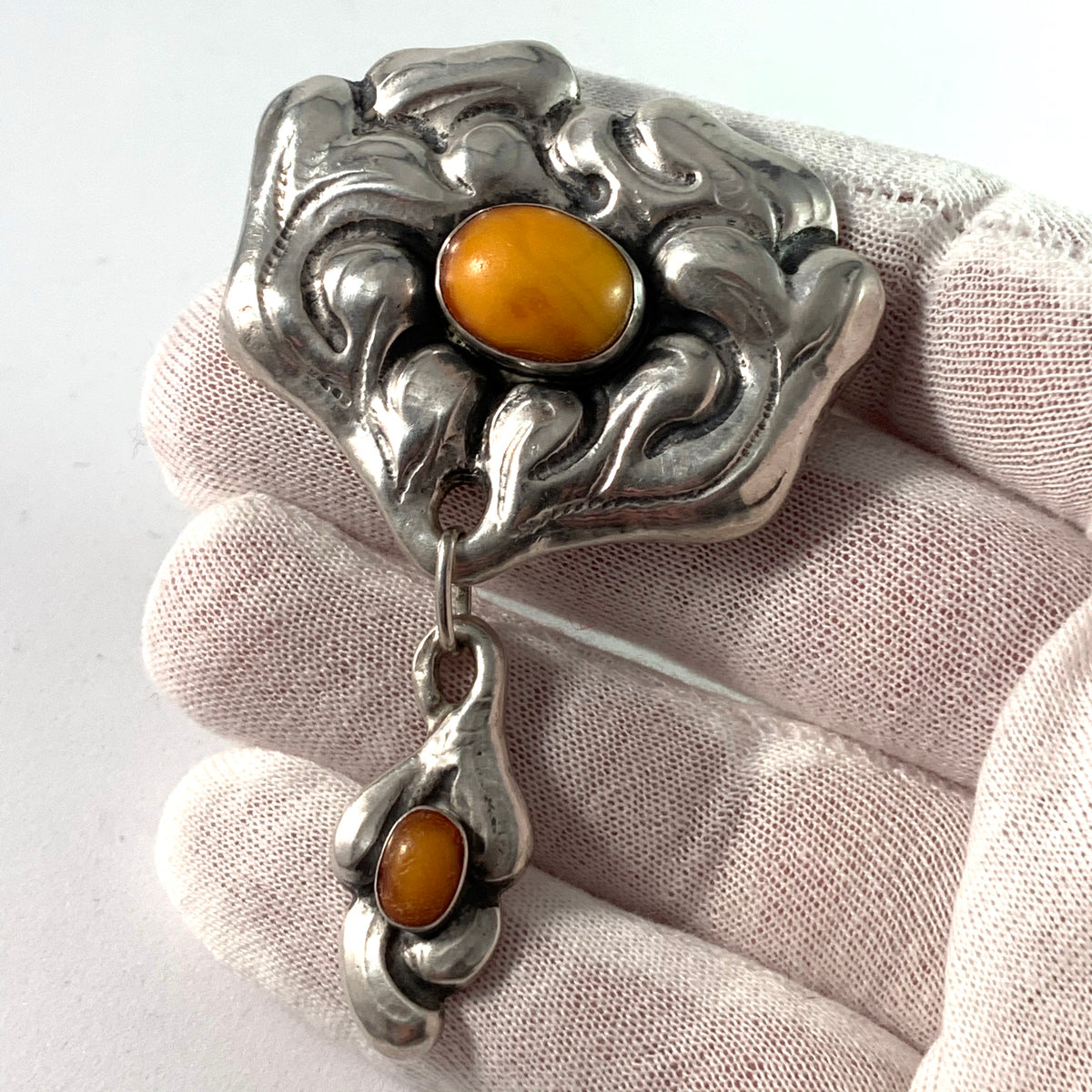Knud Georg Jensen, Denmark c 1910s Arts and Crafts Skonvirke 826 Silver Amber Brooch.