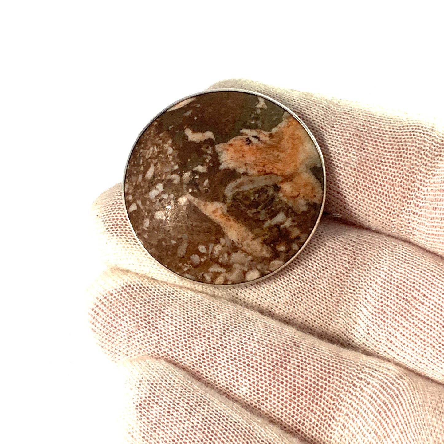 Maker CAK, Sweden year 1879. Antique Silver Limestone Brooch