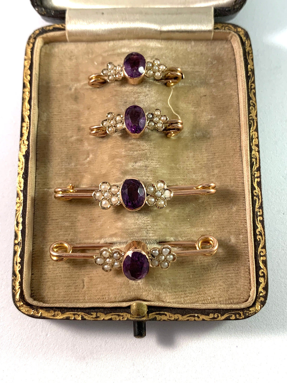Edwardian 9k Gold Amethyst Seed Pearl Lingerie Pins. Original Box.