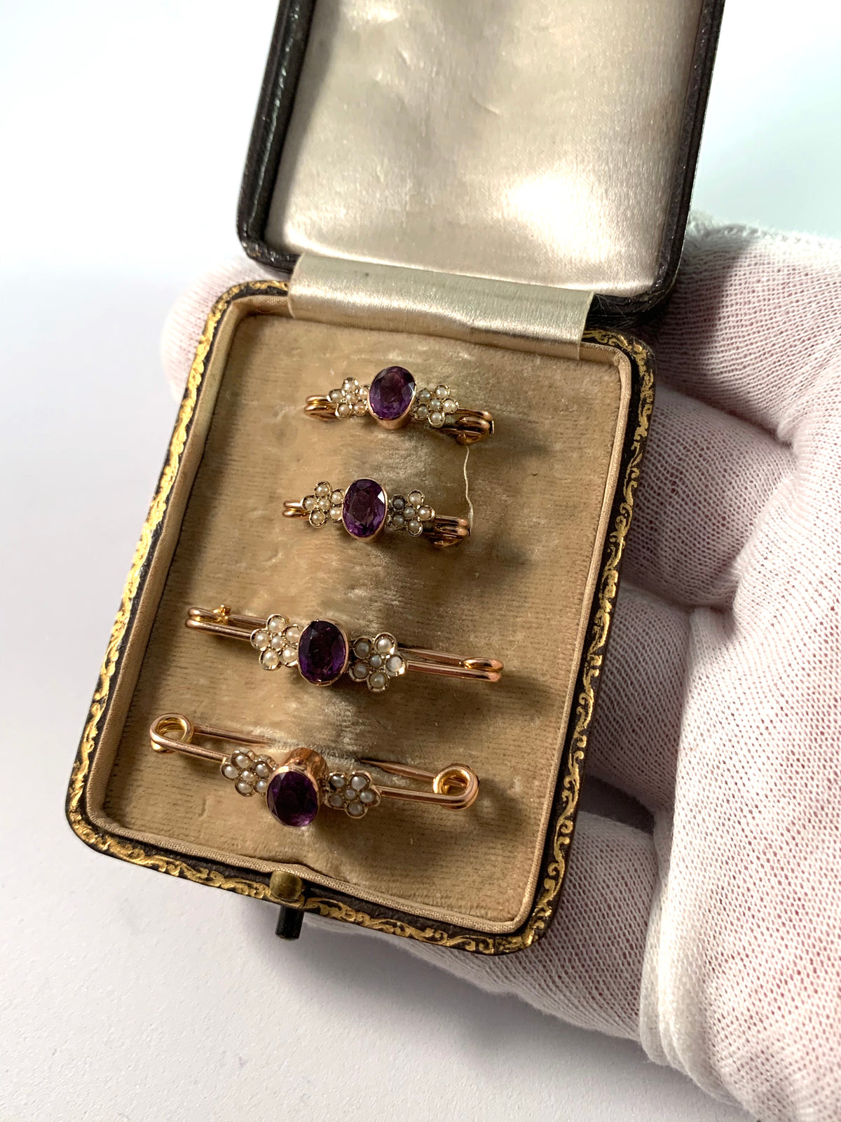 Edwardian 9k Gold Amethyst Seed Pearl Lingerie Pins. Original Box.