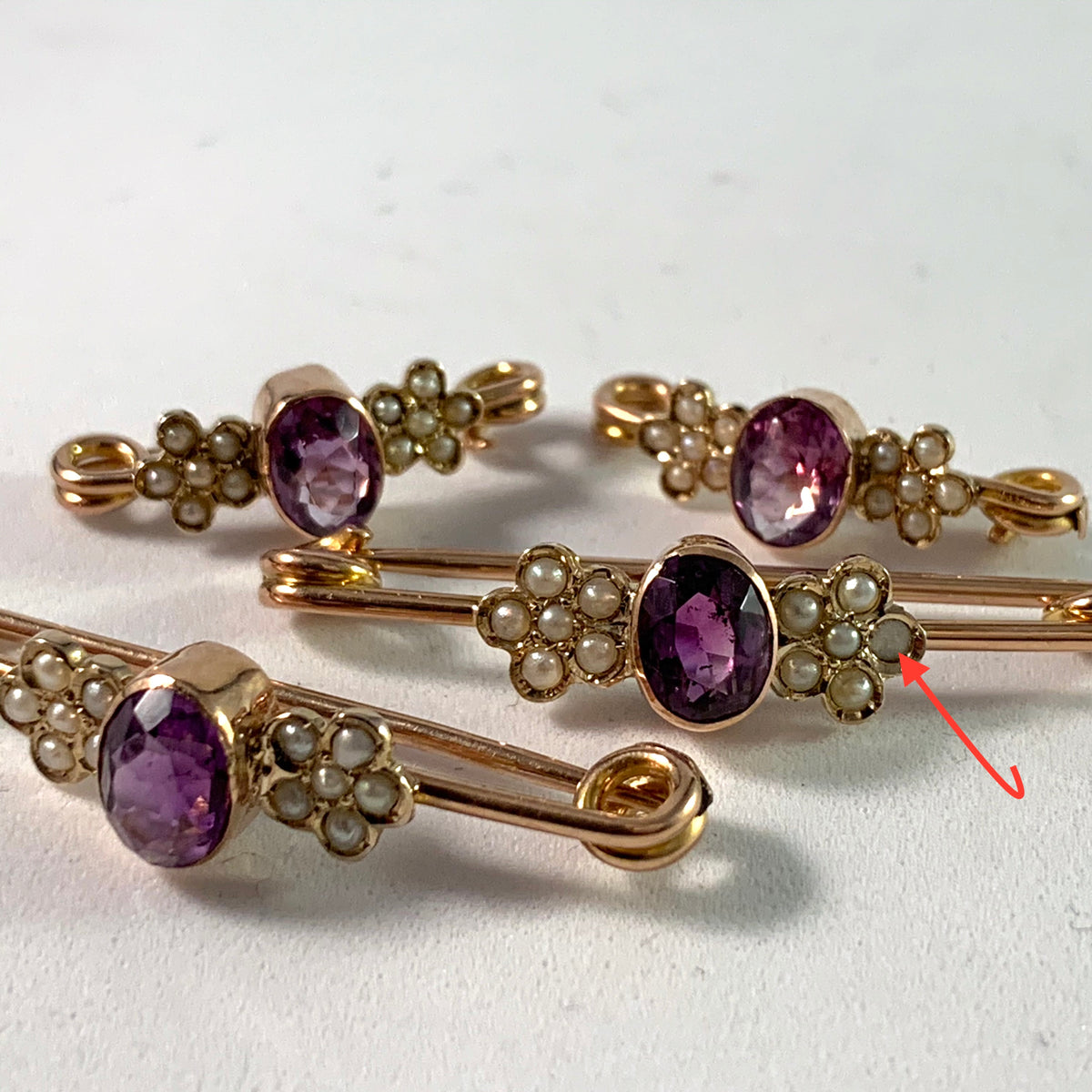 Edwardian 9k Gold Amethyst Seed Pearl Lingerie Pins. Original Box.