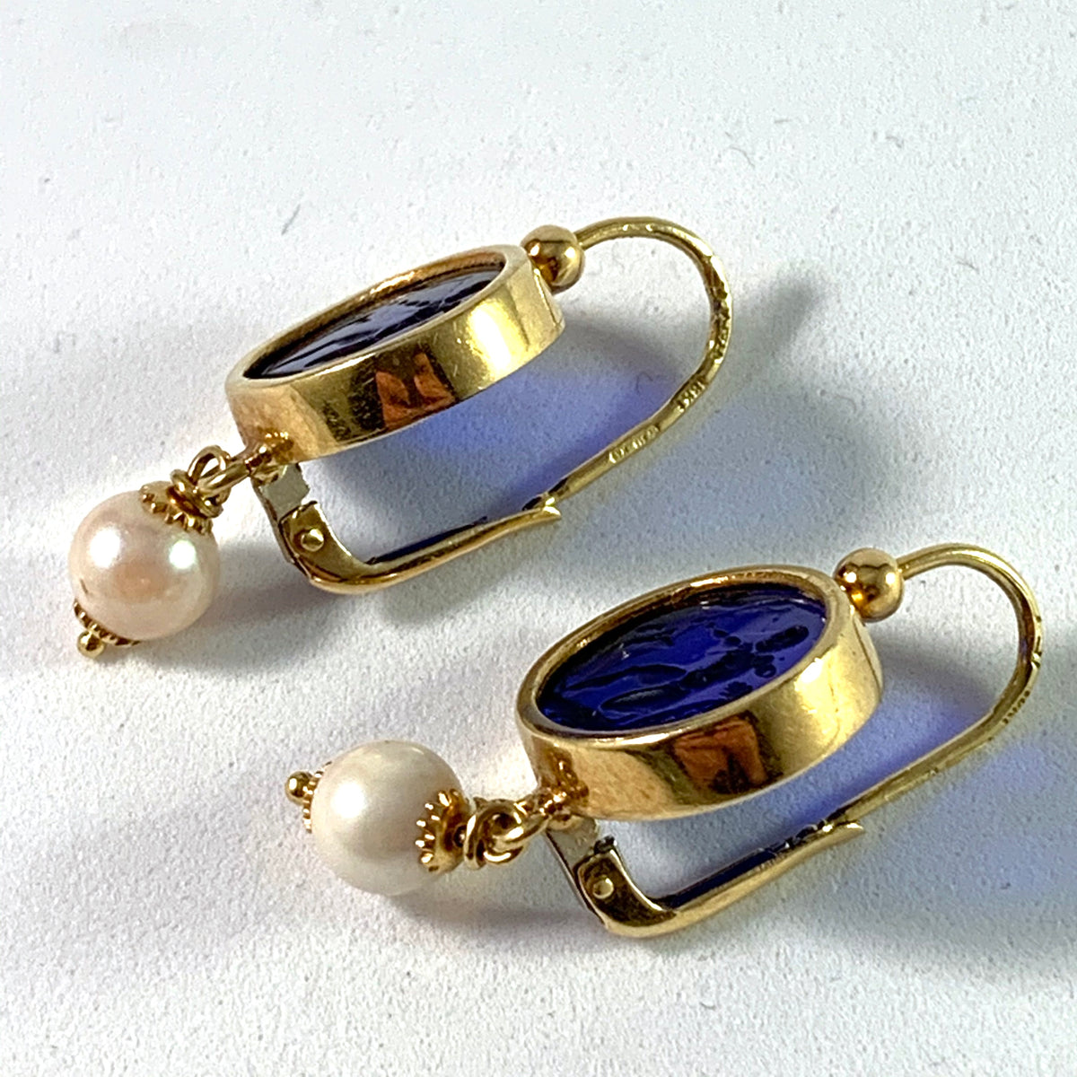 Naples, Italy Vintage 18k Gold Venetian Glass Cultured Pearl Earrings