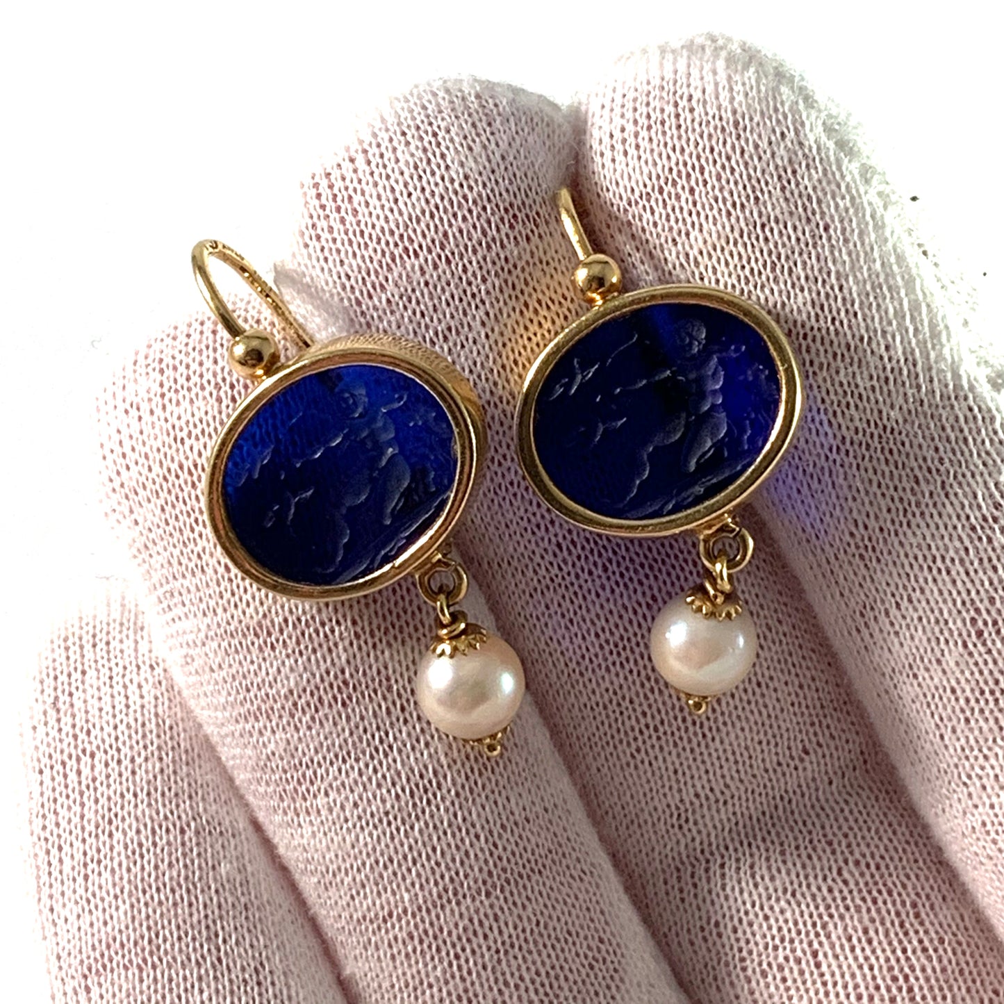 Naples, Italy Vintage 18k Gold Venetian Glass Cultured Pearl Earrings