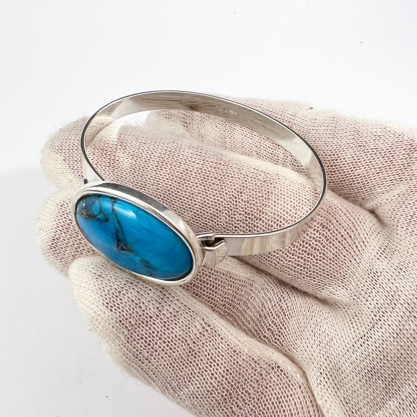 Herman Siersbøl Denmark 1950-60s. Sterling Silver Turquoise Hinged Bracelet.