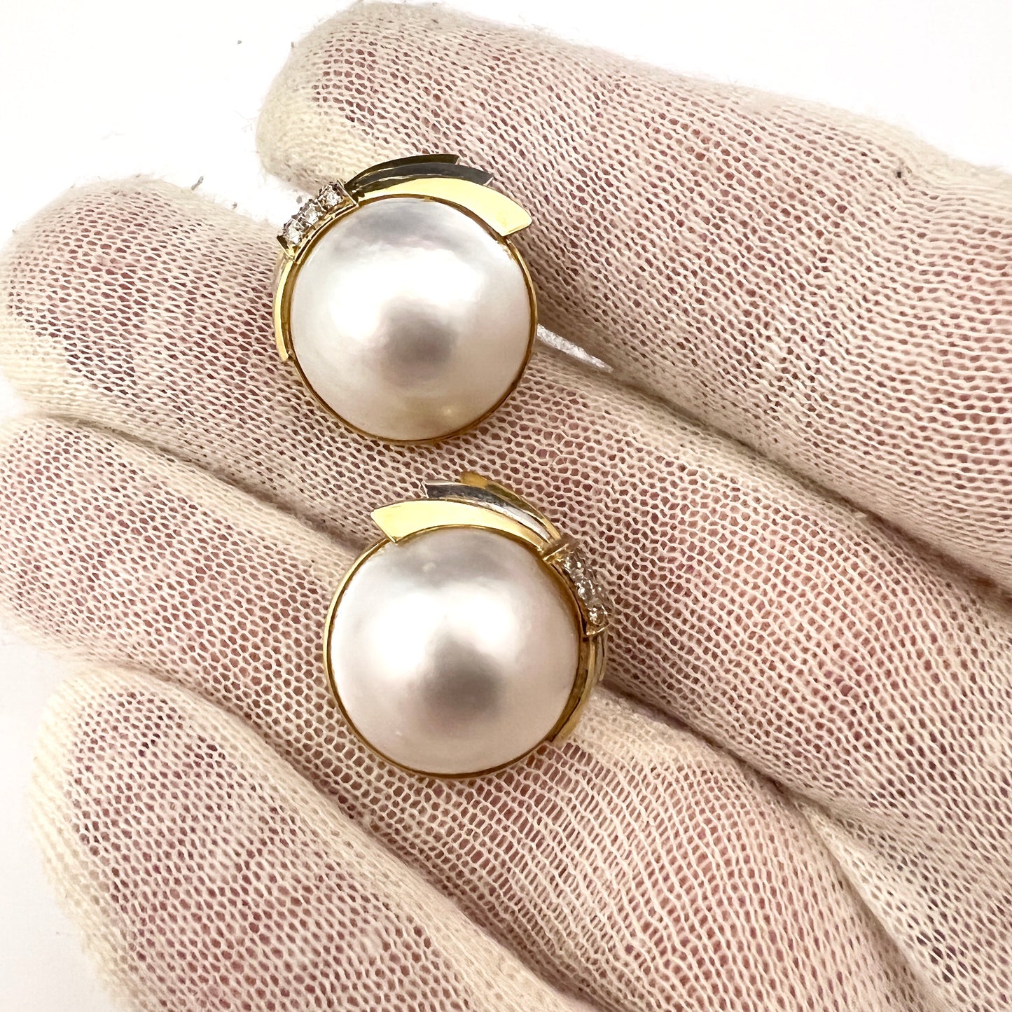 Vintage 18k Gold Diamond Mabe Pearl Large Earrings.