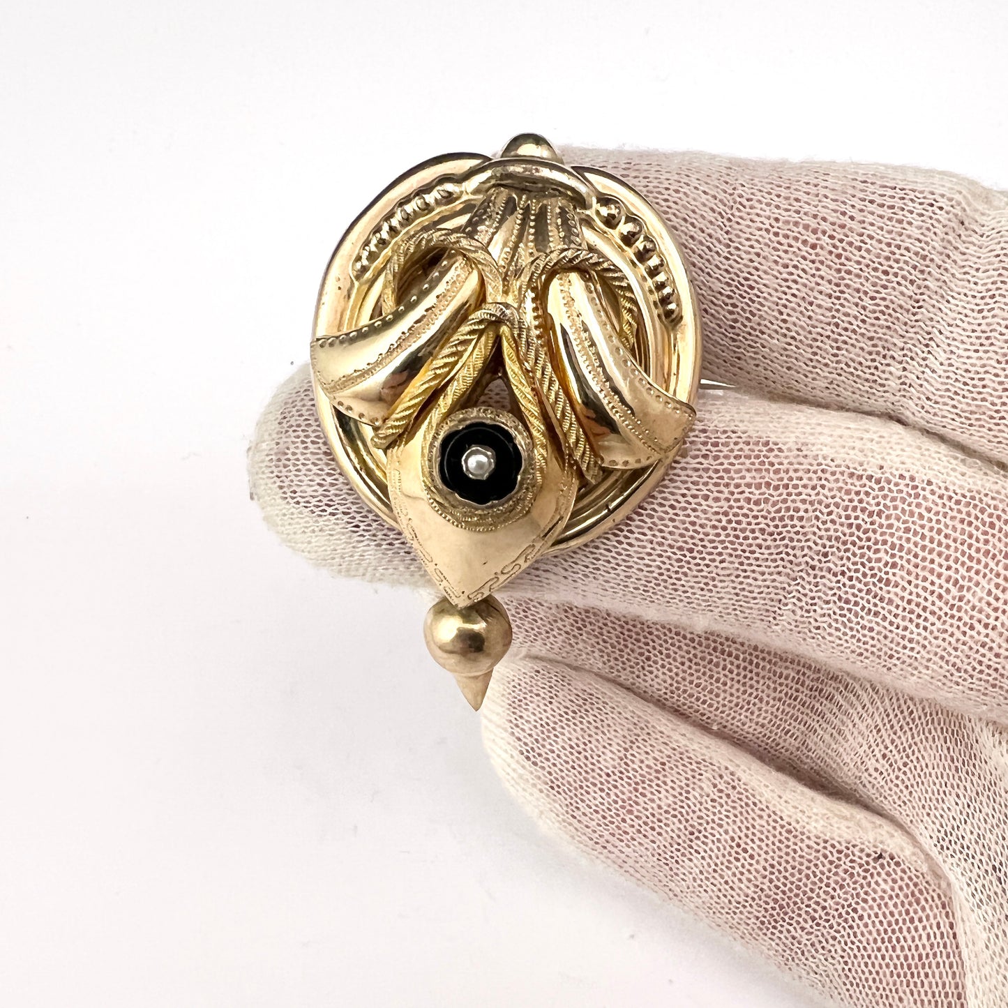 Petter Gökblad Sweden 1839. Antique Gilt Silver Onyx Seed Pearl Brooch.