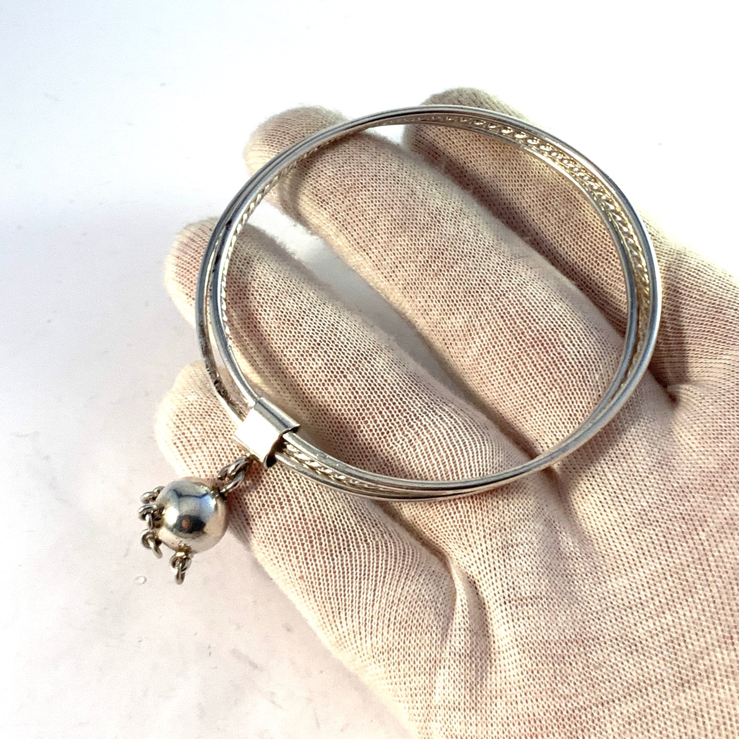 Juhls, Norway. Vintage Sterling Silver Bangle Stack Magic Ball Charm Bracelet.