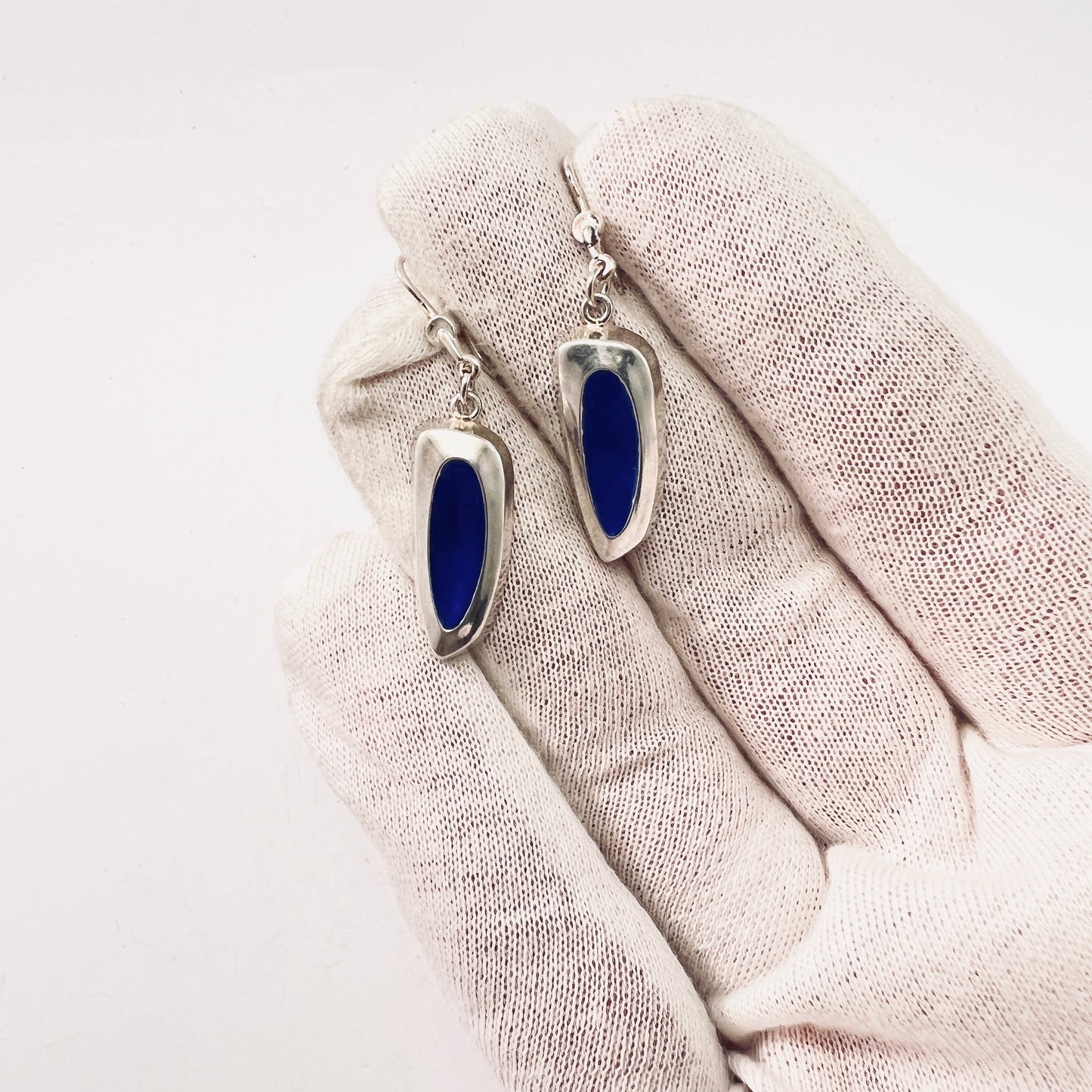Hedberg, Sweden 1960. Sterling Silver Blue Enamel Earrings. Converted from Screw Backs.