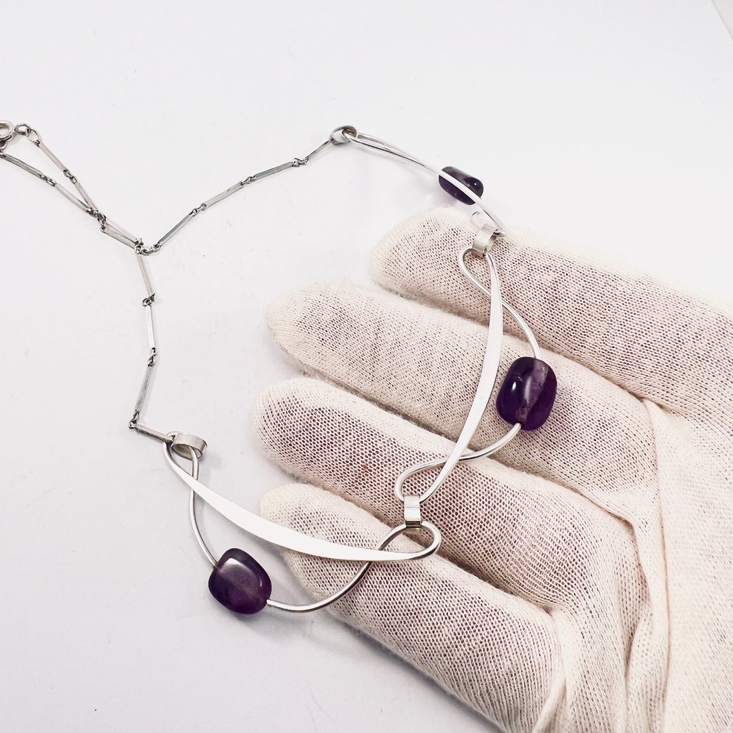 H Rudberg, Stockholm year 1960. Vintage Sterling Silver Amethyst Necklace.