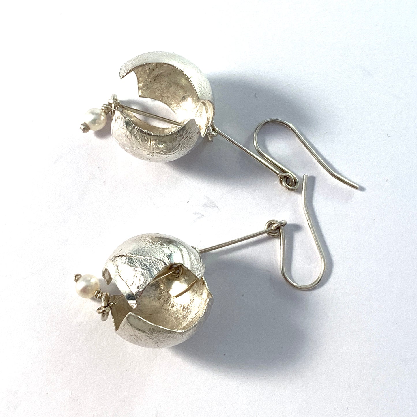 Vintage Large Sterling Silver Cultured Pearl Dangle Earrings. Probably Finland.
