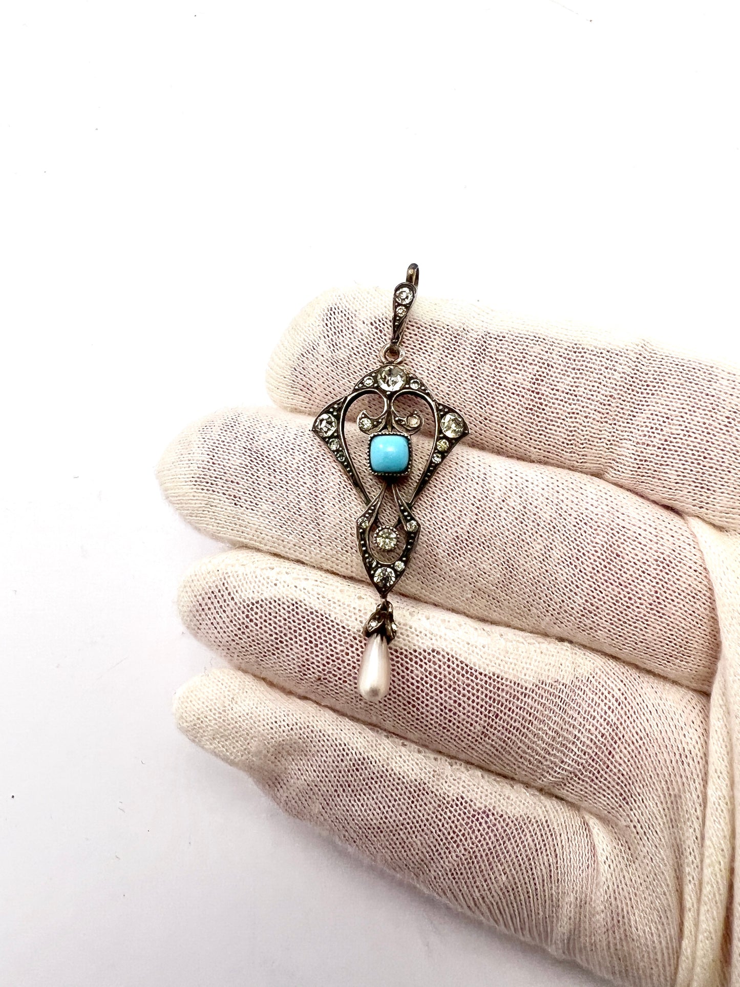 Antique Jugendstil Solid Silver Turquoise Pearl Paste Pendant.