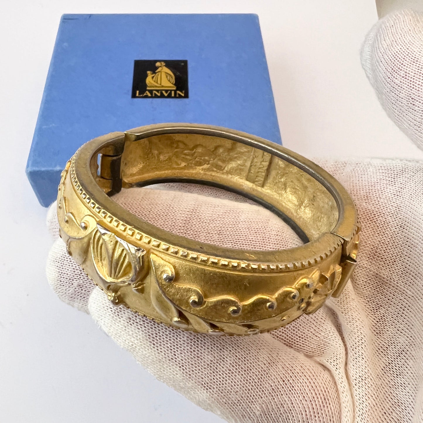 LANVIN, Vintage Chunky Costume Jewelry Hinged Bangle. Design: Arabesque. Boxed.