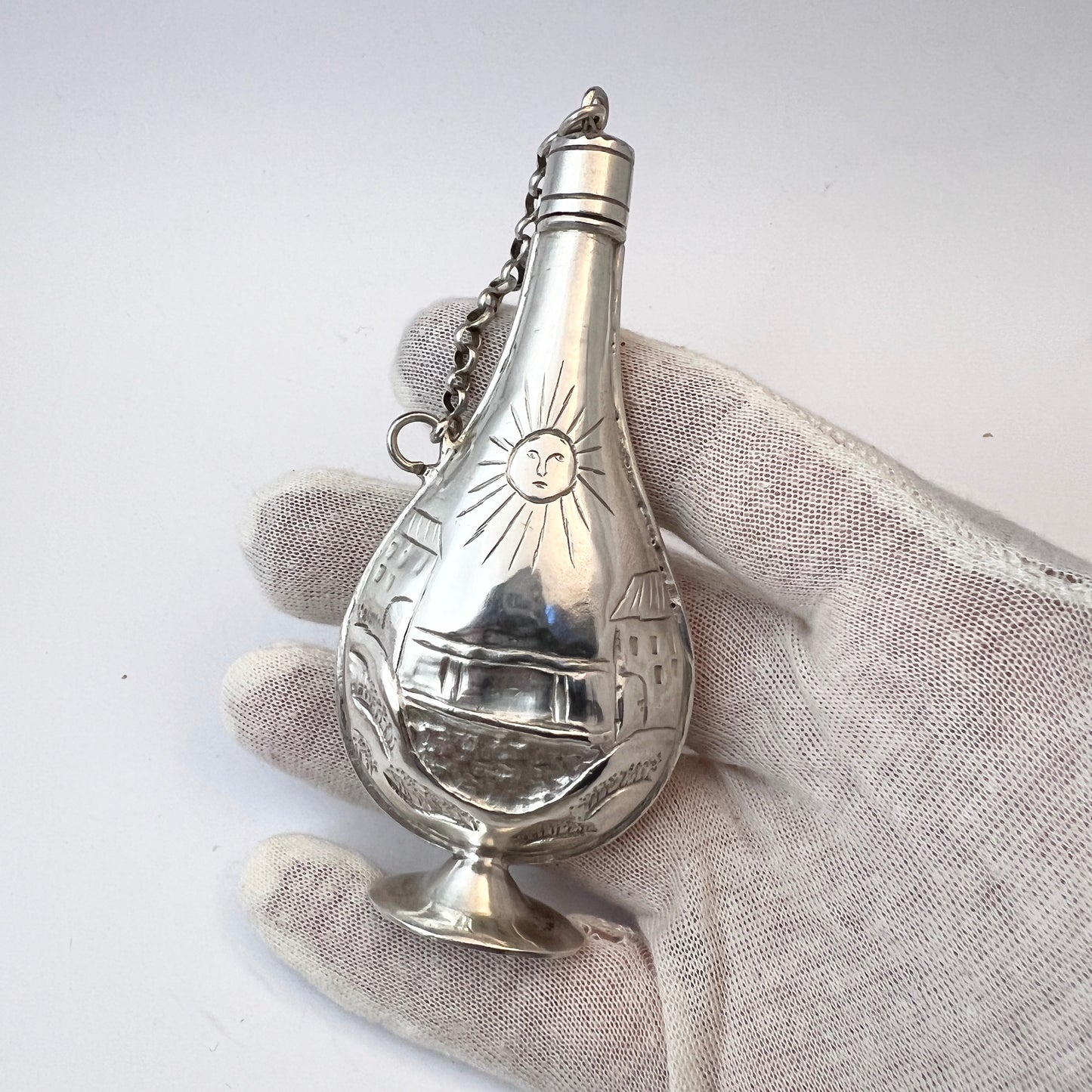 Austrian Empire 1840-50s. Antique Solid Silver Perfume or Holy Oil Bottle