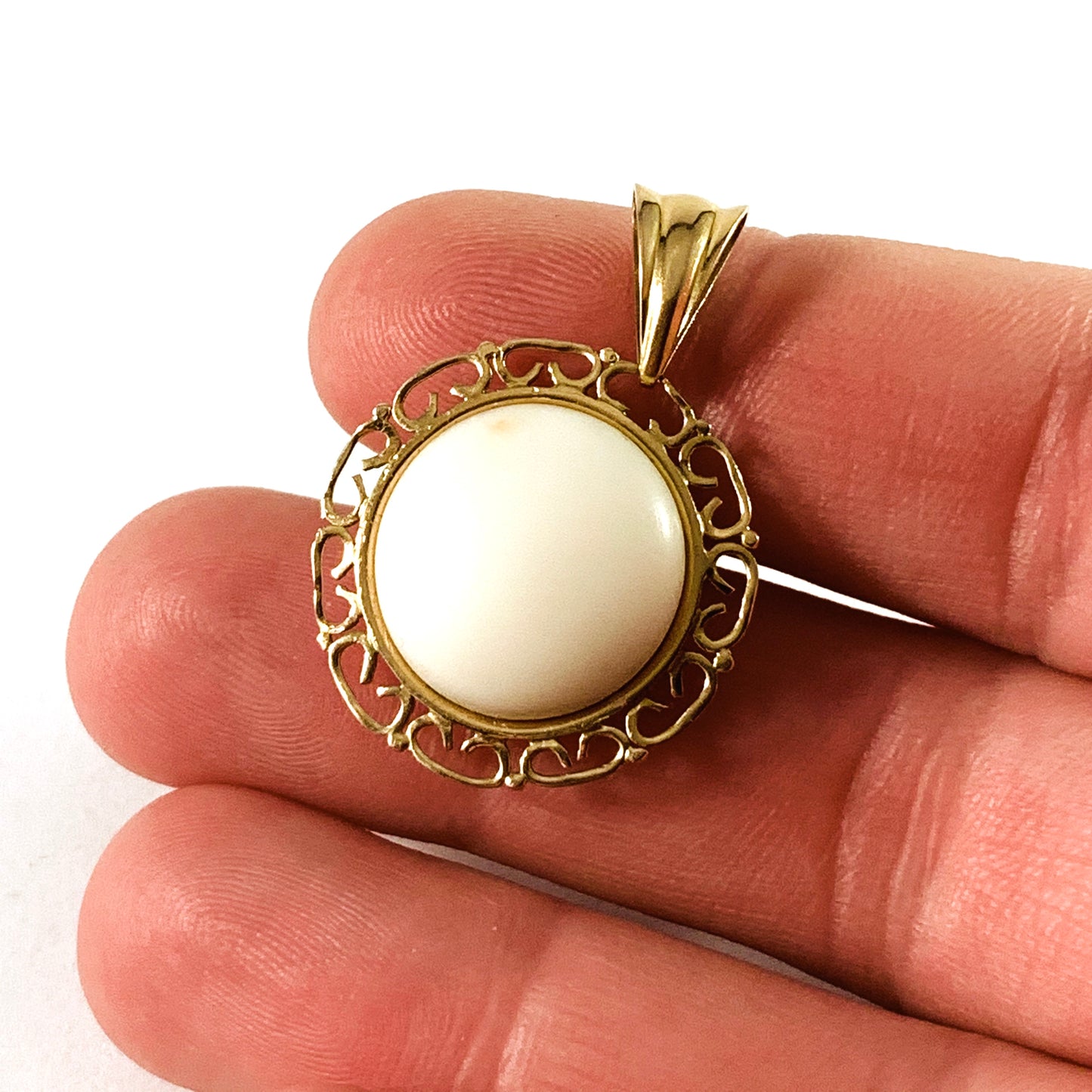 Mid Century 18k Gold White Angel Skin Coral Pendant.