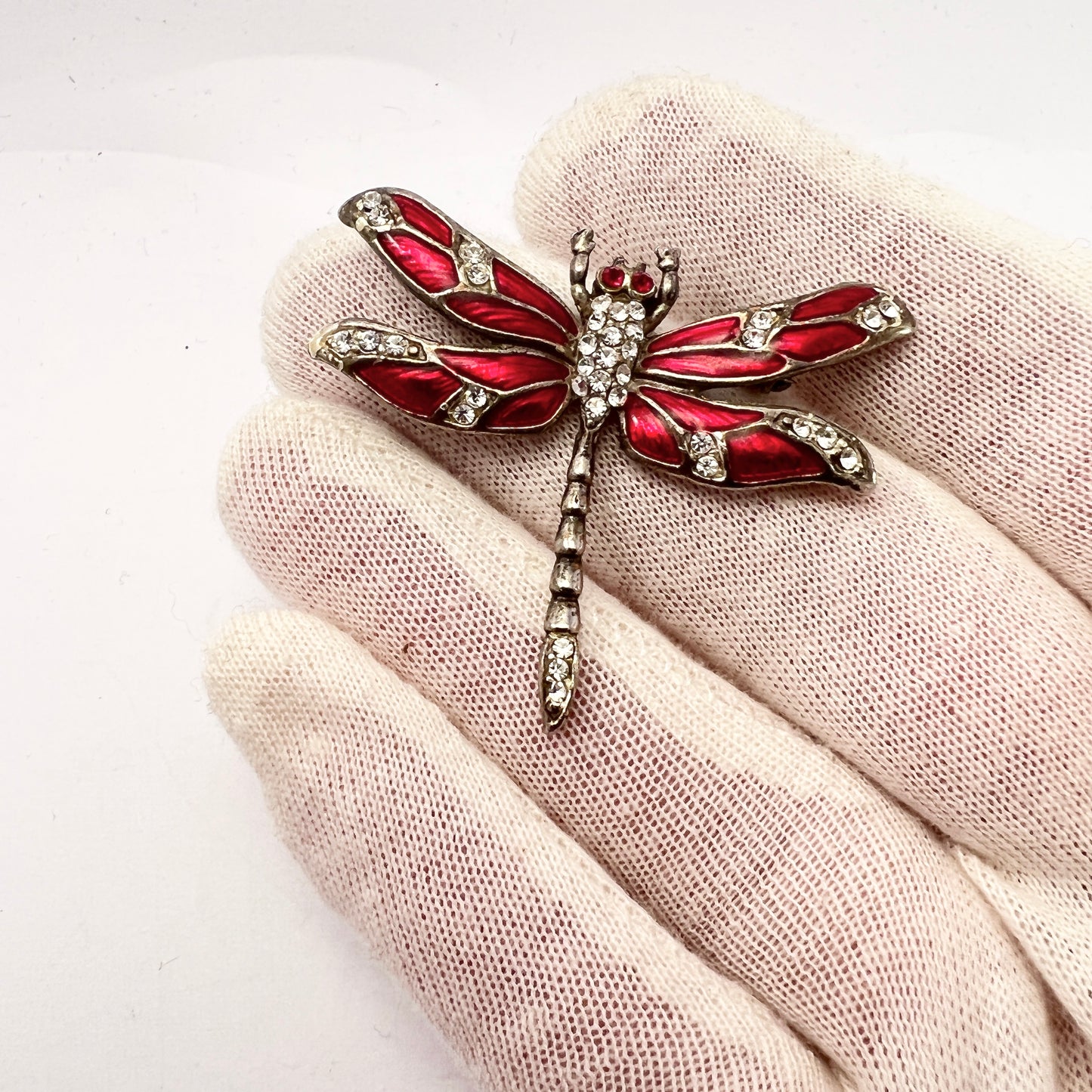 Early 1900s Solid Silver Red Enamel Paste Dragonfly Brooch.
