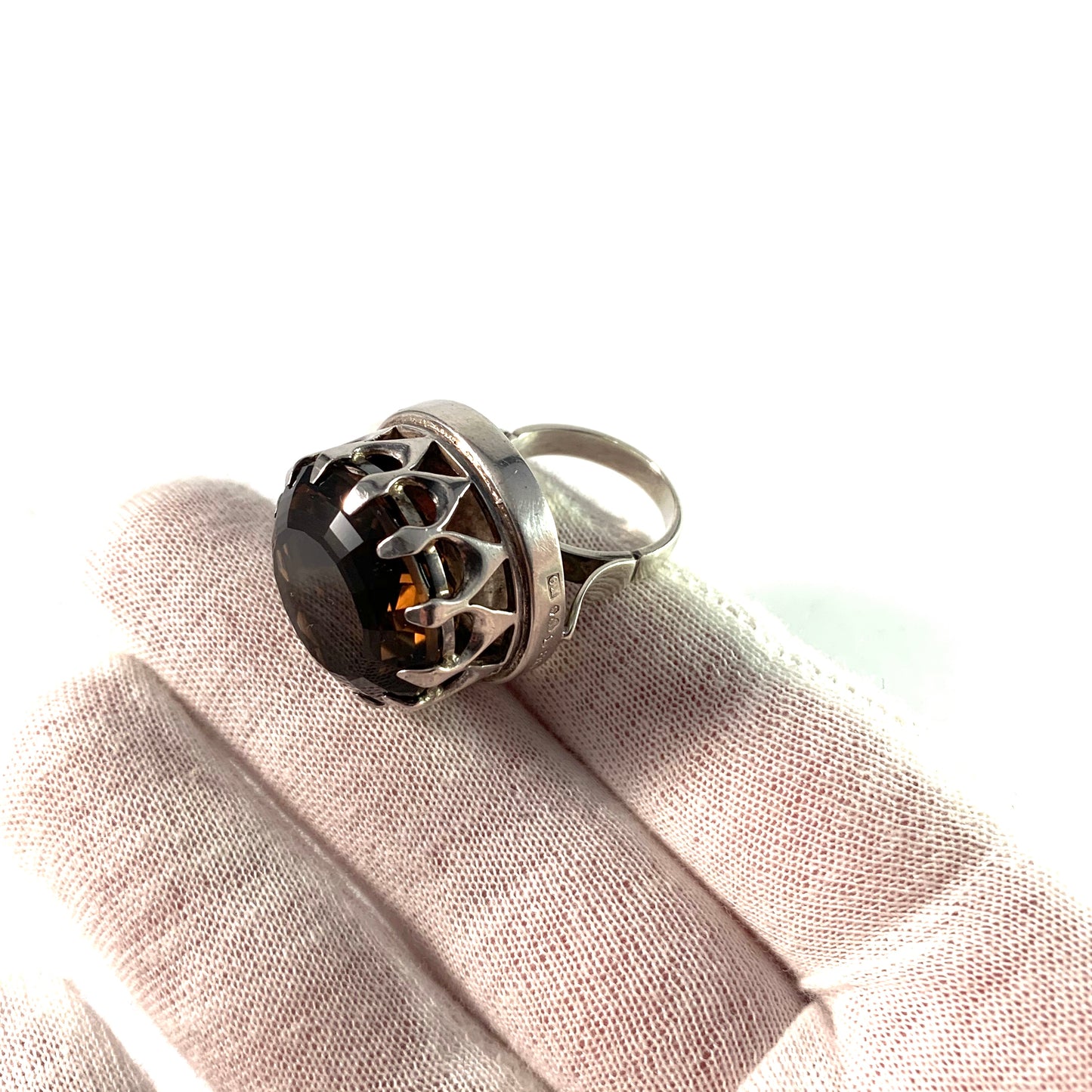B. Lindblad, Stockholm year 1960 Bold Sterling Smoky Quartz Cocktail Ring.