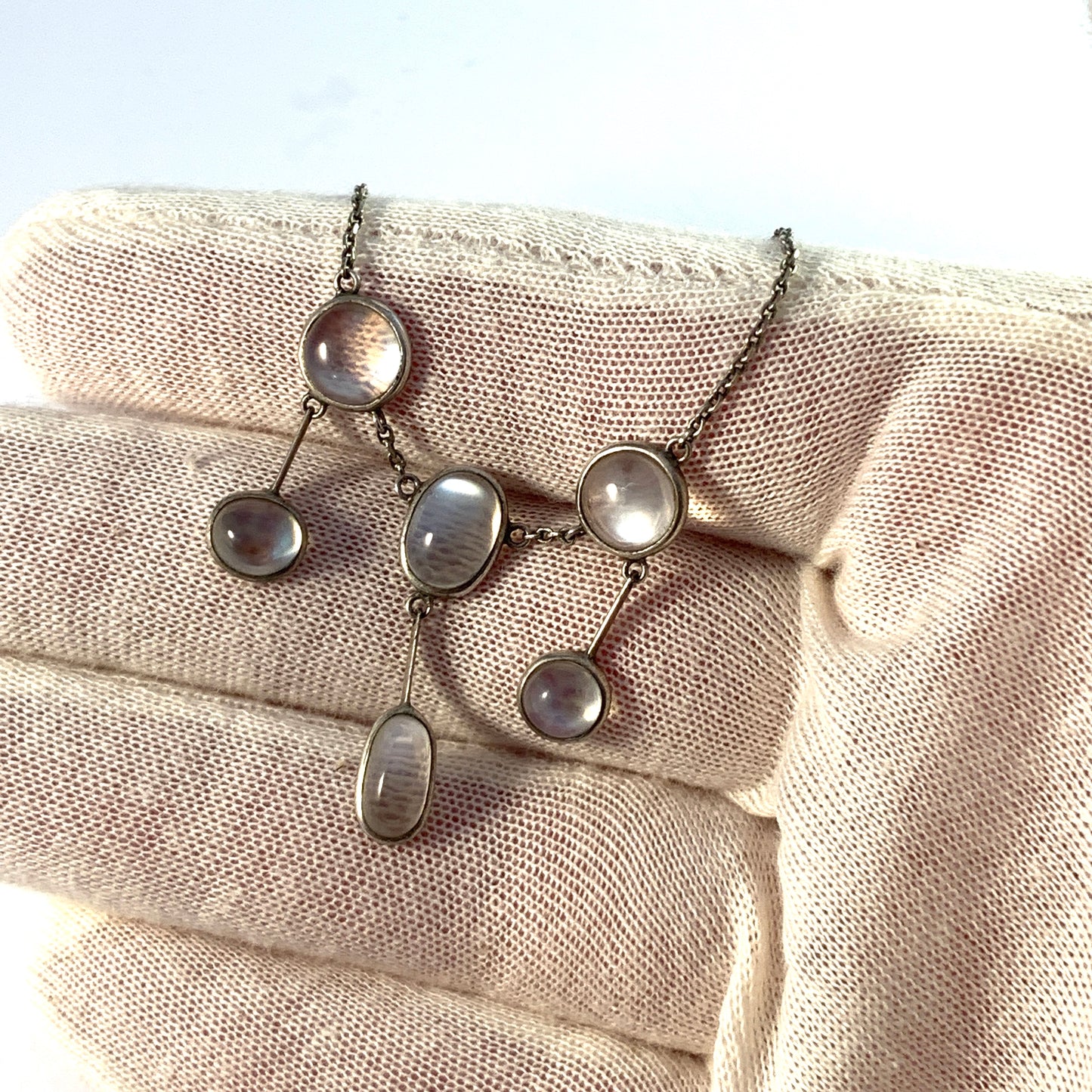 Antique c 1910-20s Moonstone 830 Silver Necklace. Probably Germany.