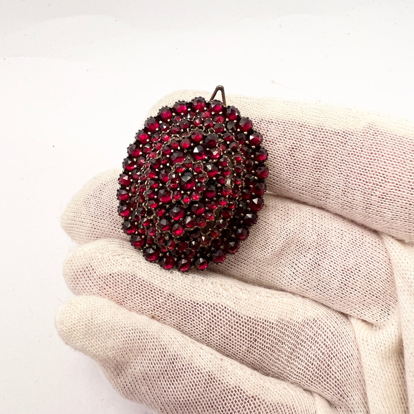 Antique Victorian Bohemian Garnet Locket Brooch Pendant. Gilt Metal.