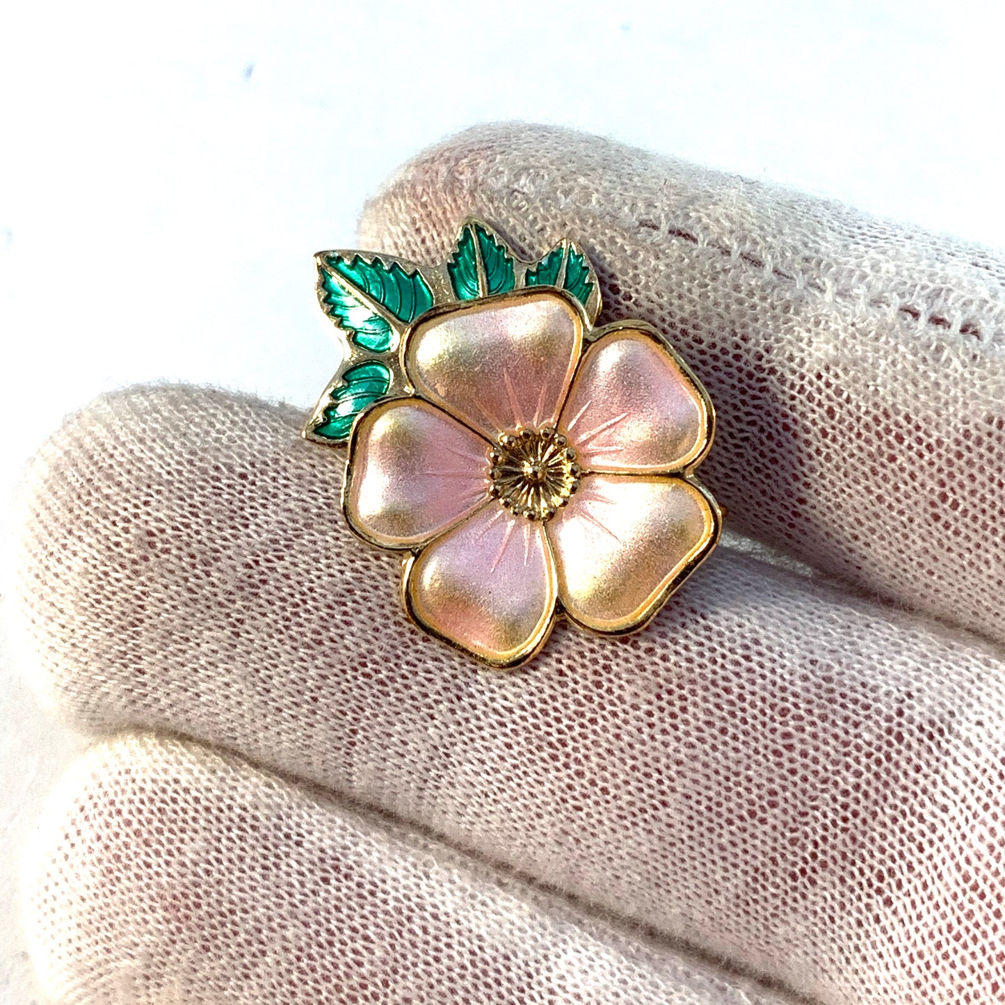 David-Andersen, Norway Vintage Sterling Silver Enamel Sweet Briar Rose Brooch Pin.