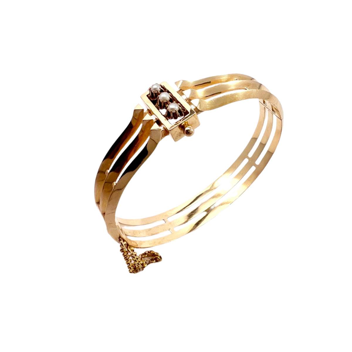 L Larsson, Sweden 1888. Antique Victorian 18k Gold Pearl Hinged Bangle Bracelet.