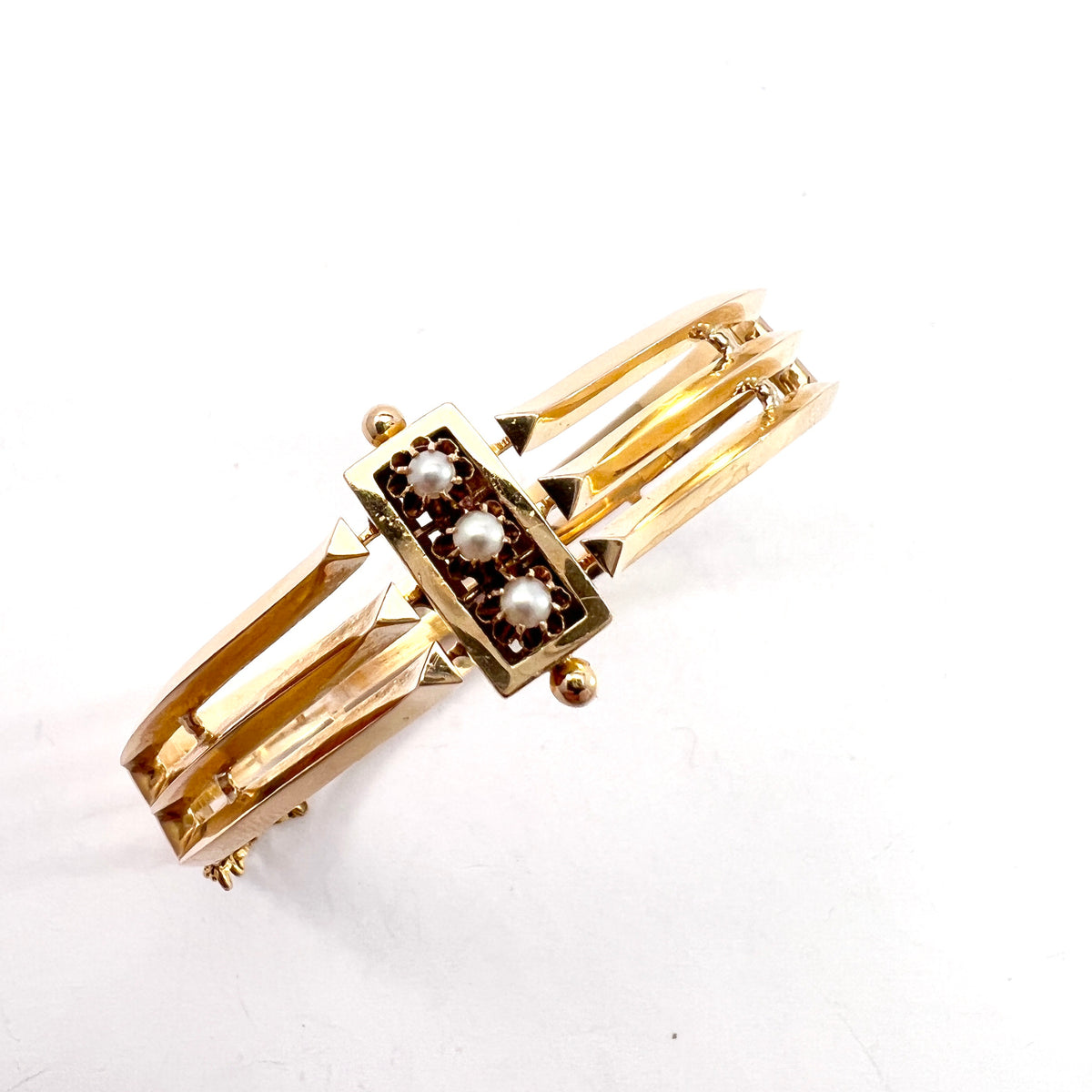 L Larsson, Sweden 1888. Antique Victorian 18k Gold Pearl Hinged Bangle Bracelet.