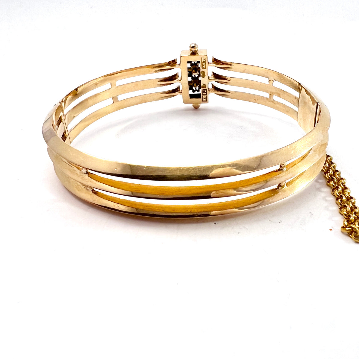 L Larsson, Sweden 1888. Antique Victorian 18k Gold Pearl Hinged Bangle Bracelet.