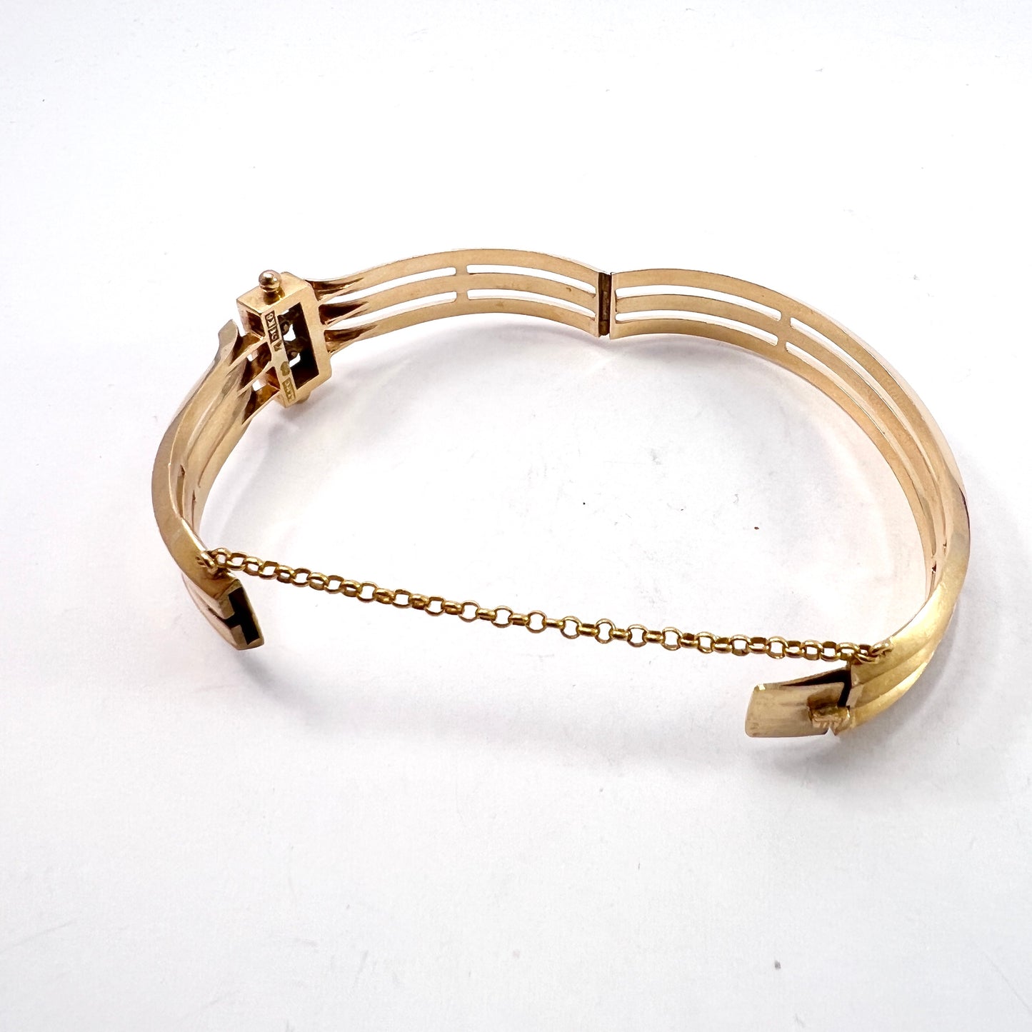 L Larsson, Sweden 1888. Antique Victorian 18k Gold Pearl Hinged Bangle Bracelet.