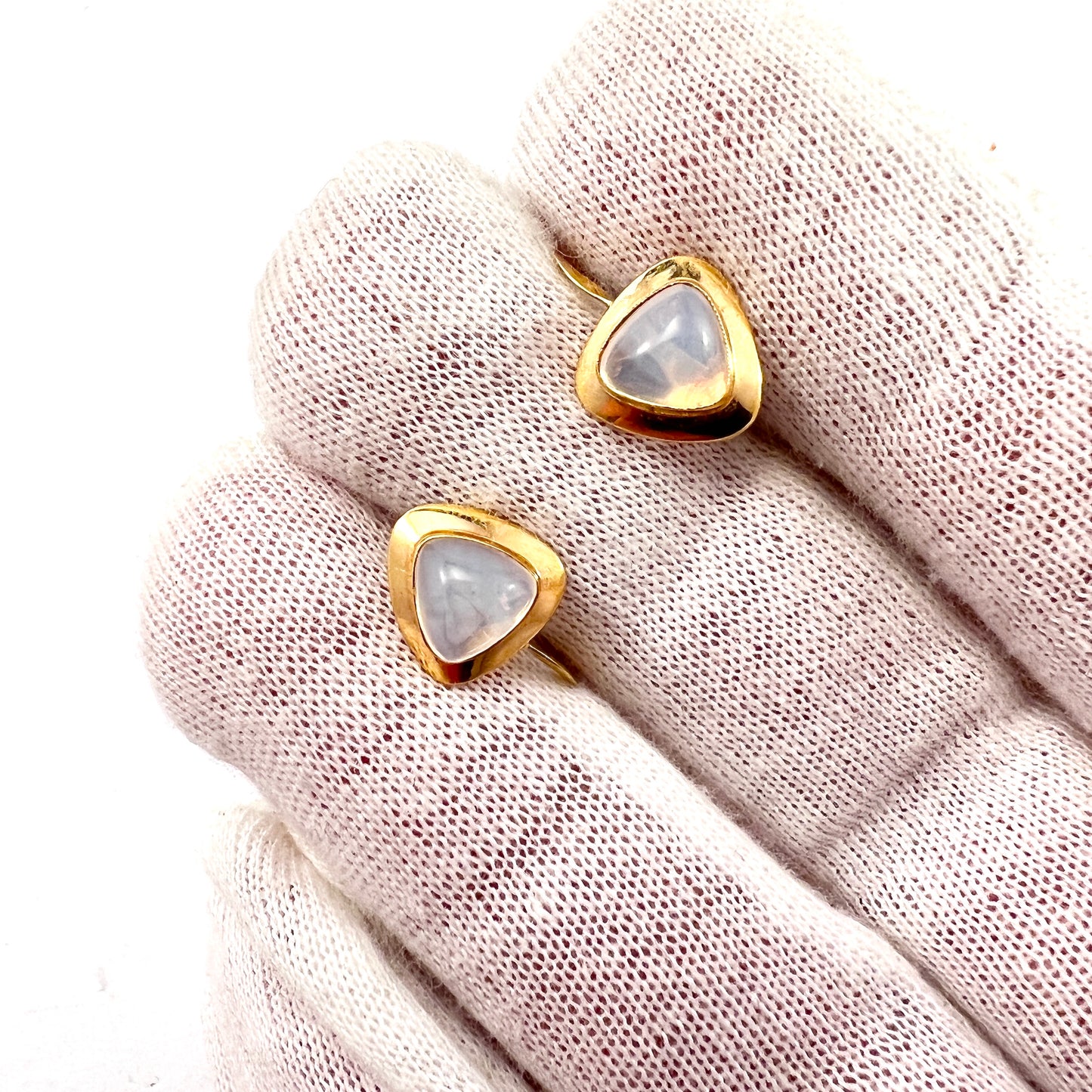 Sweden c 1950s. Vintage 18k Gold Moonstone Earrings.