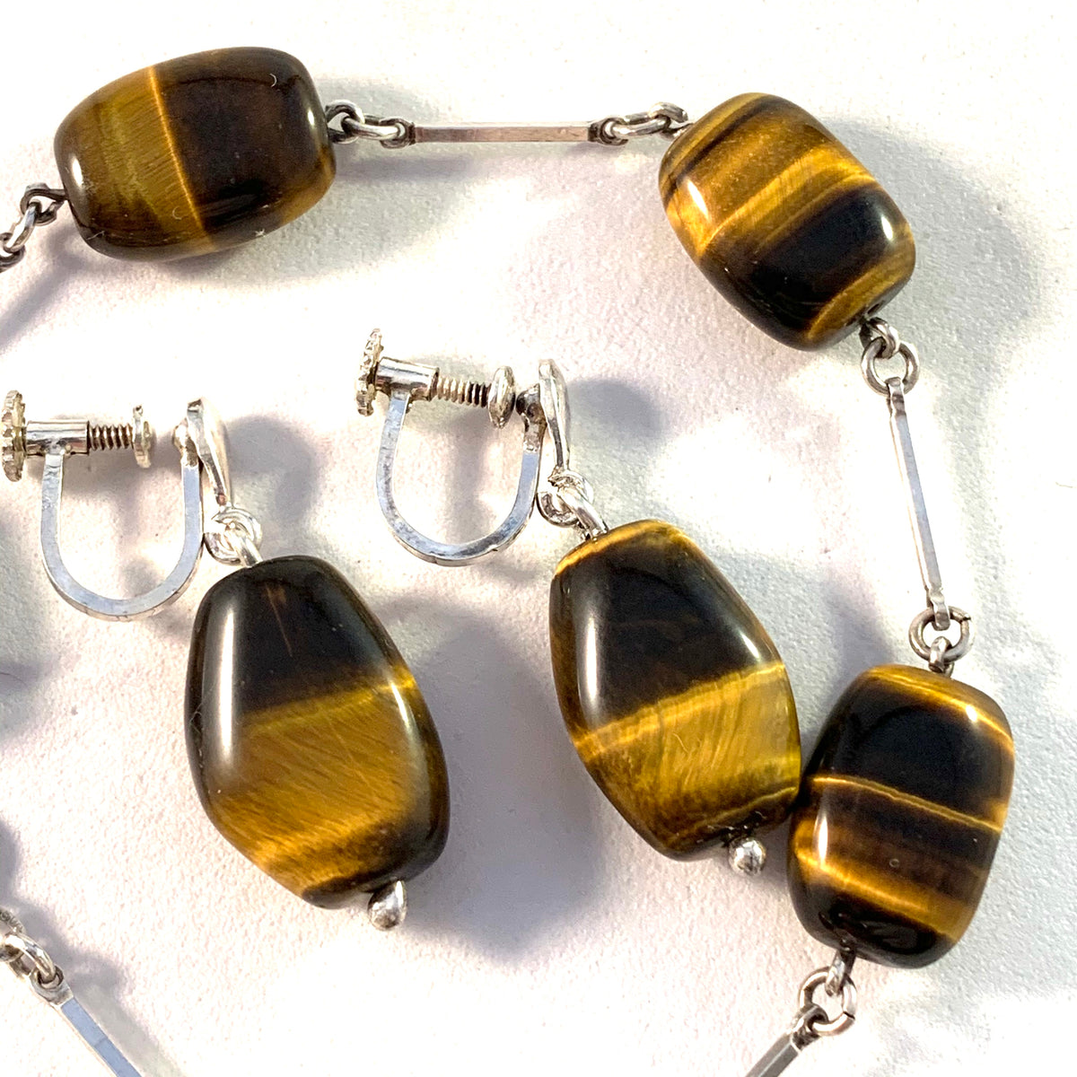 Victor Janson, Sweden. Vintage mid Century Solid Silver Tiger Eye Earrings and Bracelet.